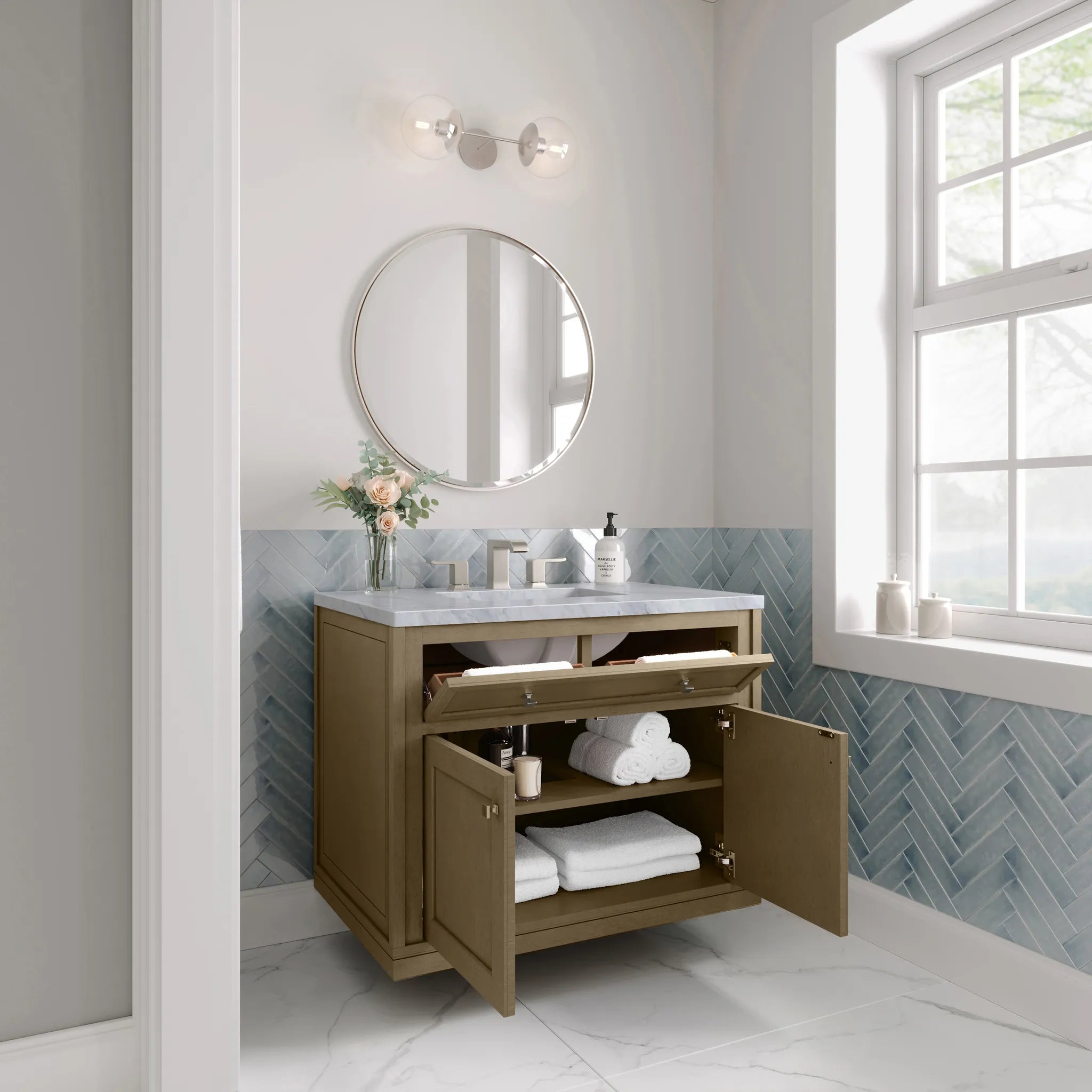 36" Chicago Single Vanity in Walnut Whisper-Carrara White Marble-8" Widespread image 9