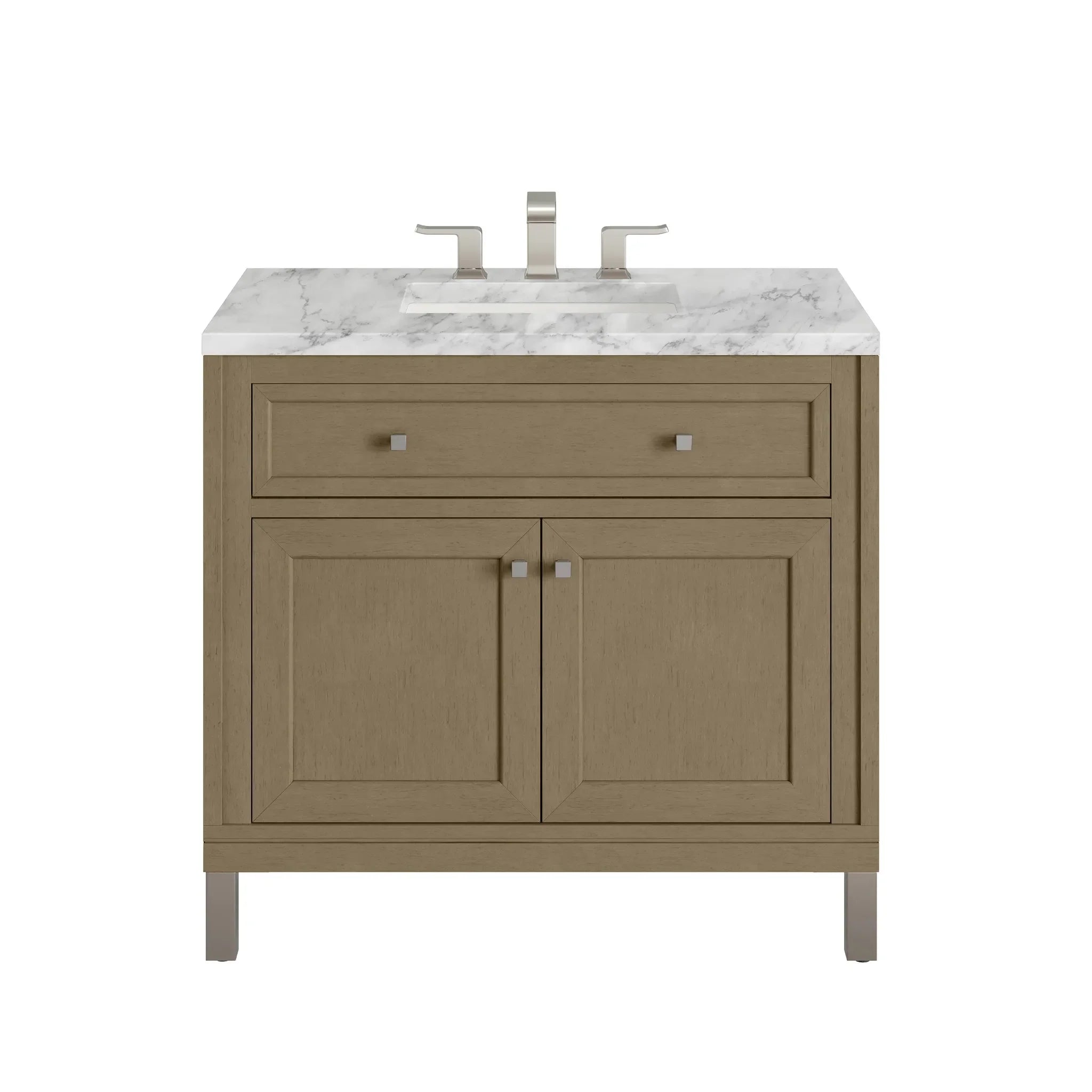36" Chicago Single Vanity in Walnut Whisper-Carrara White Marble-8" Widespread image