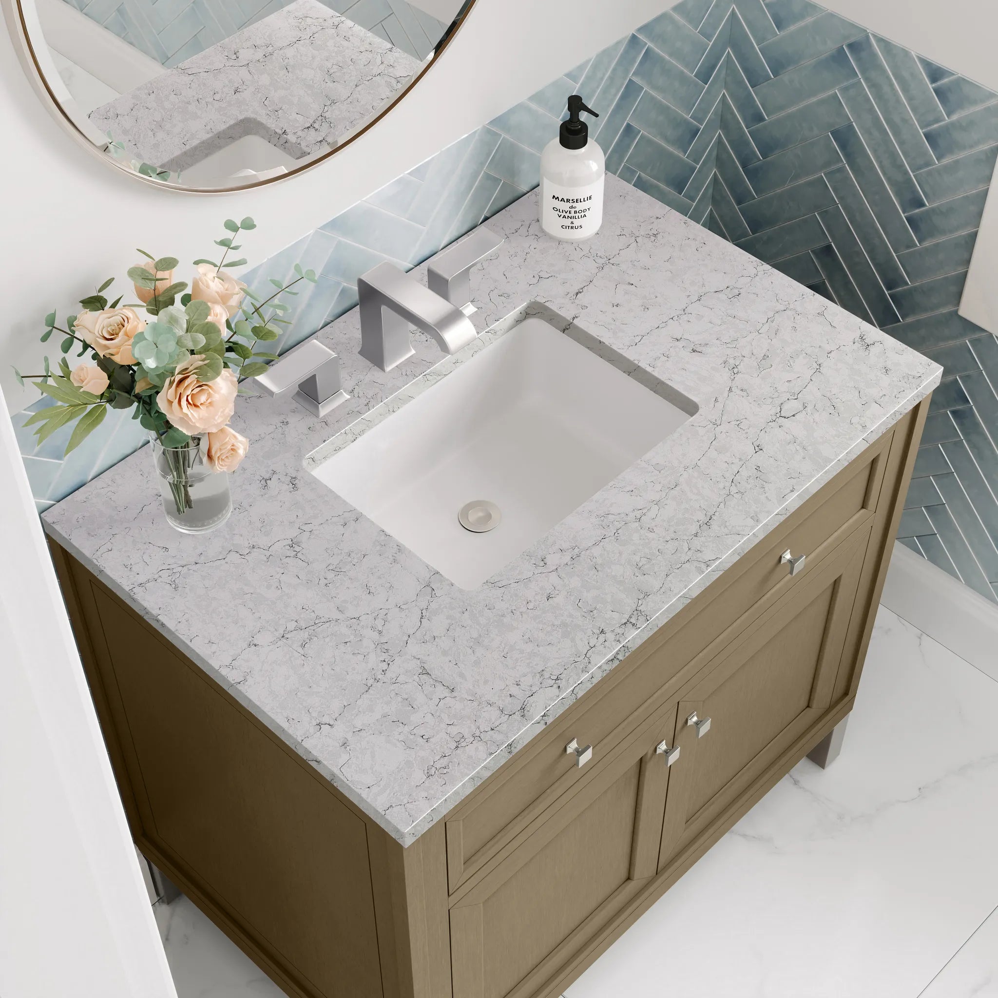 36" Chicago Single Vanity in Walnut Whisper-Eternal Jasmine Pearl Silestone-8" Widespread image 11