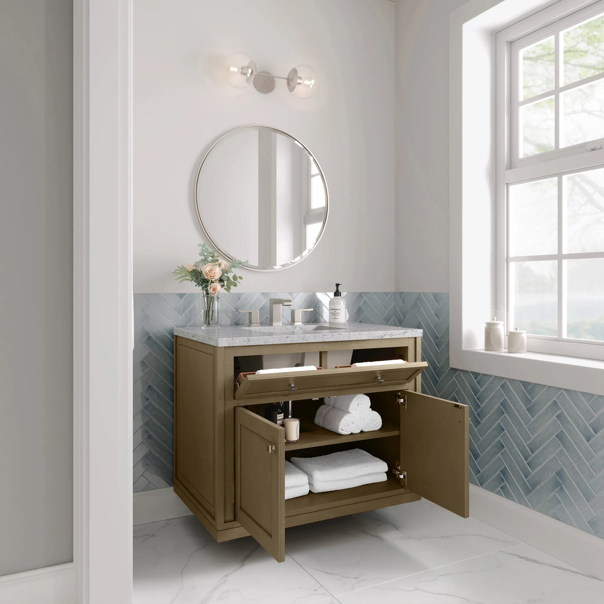36" Chicago Single Vanity in Walnut Whisper-Eternal Jasmine Pearl Silestone-8" Widespread image 9