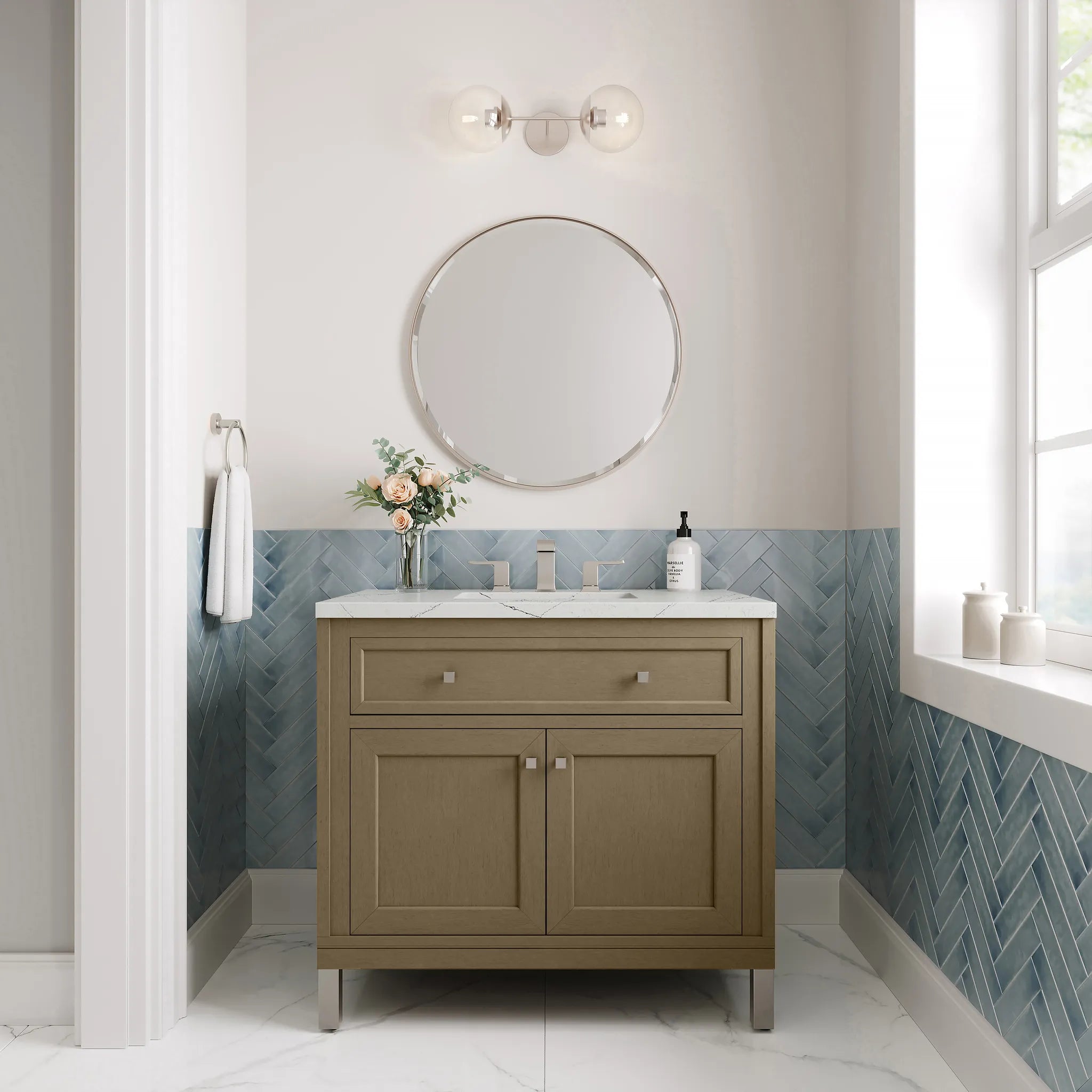36" Chicago Single Vanity in Walnut Whisper-Ethereal Noctis Silestone-8" Widespread image 4