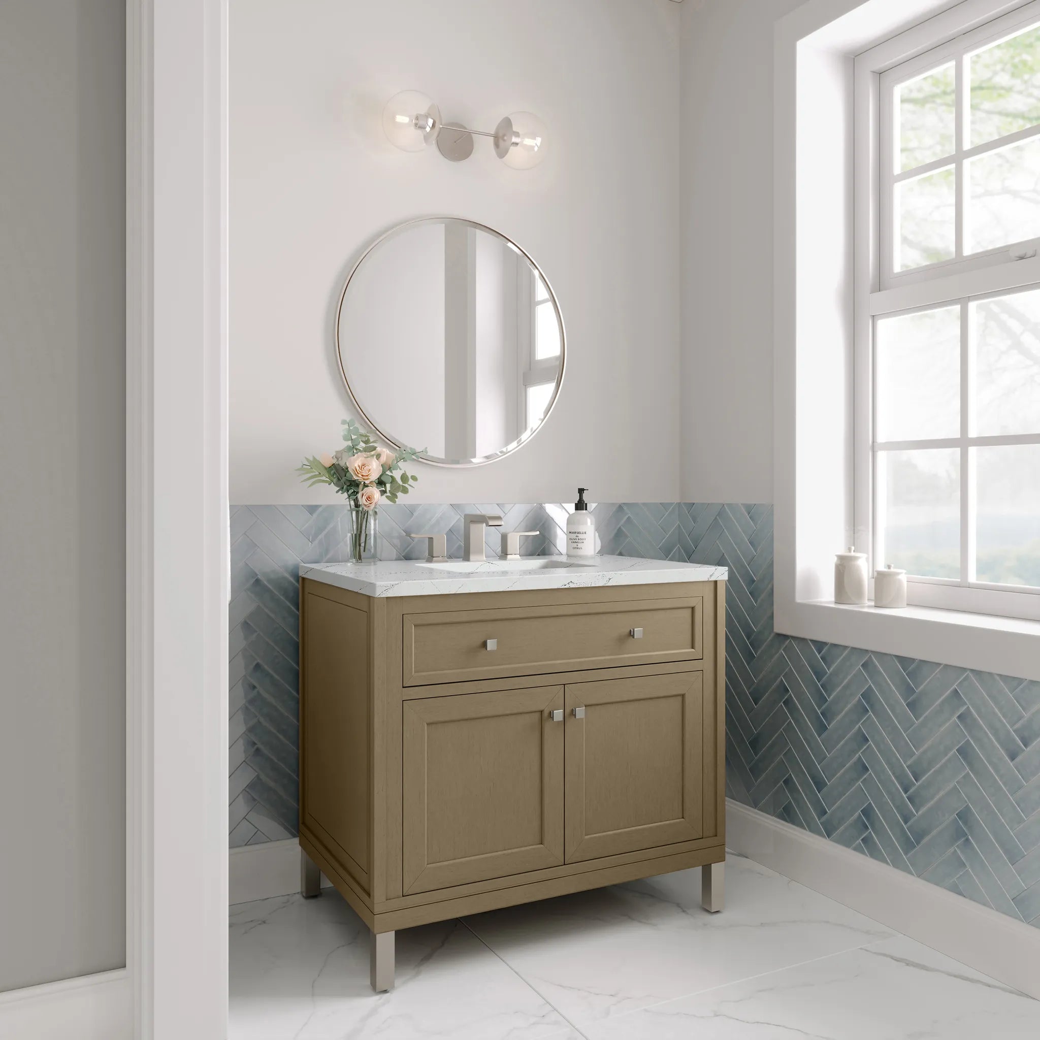36" Chicago Single Vanity in Walnut Whisper-Ethereal Noctis Silestone-8" Widespread image 6