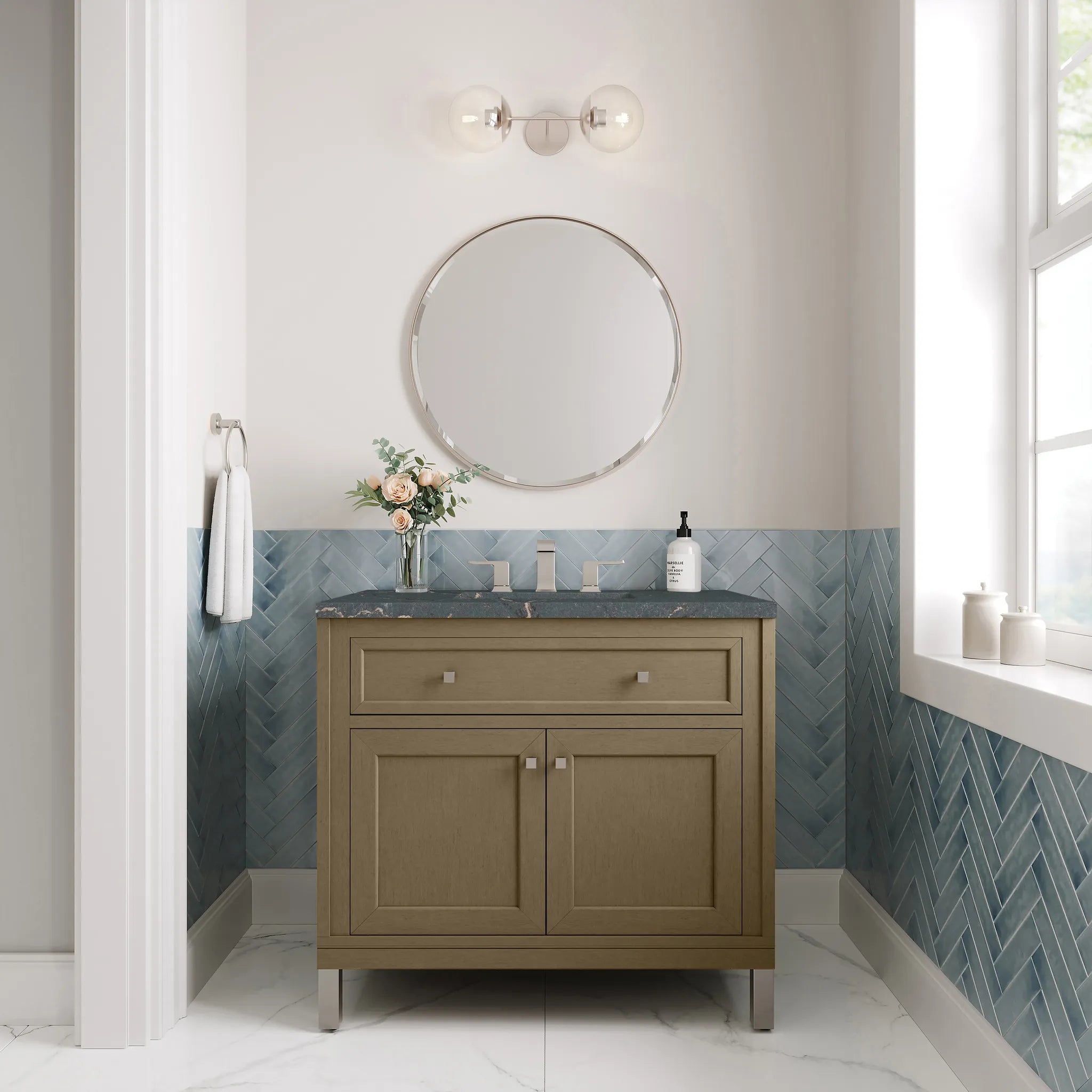 36" Chicago Single Vanity in Walnut Whisper-Parisien Bleu Silestone-8" Widespread image 2