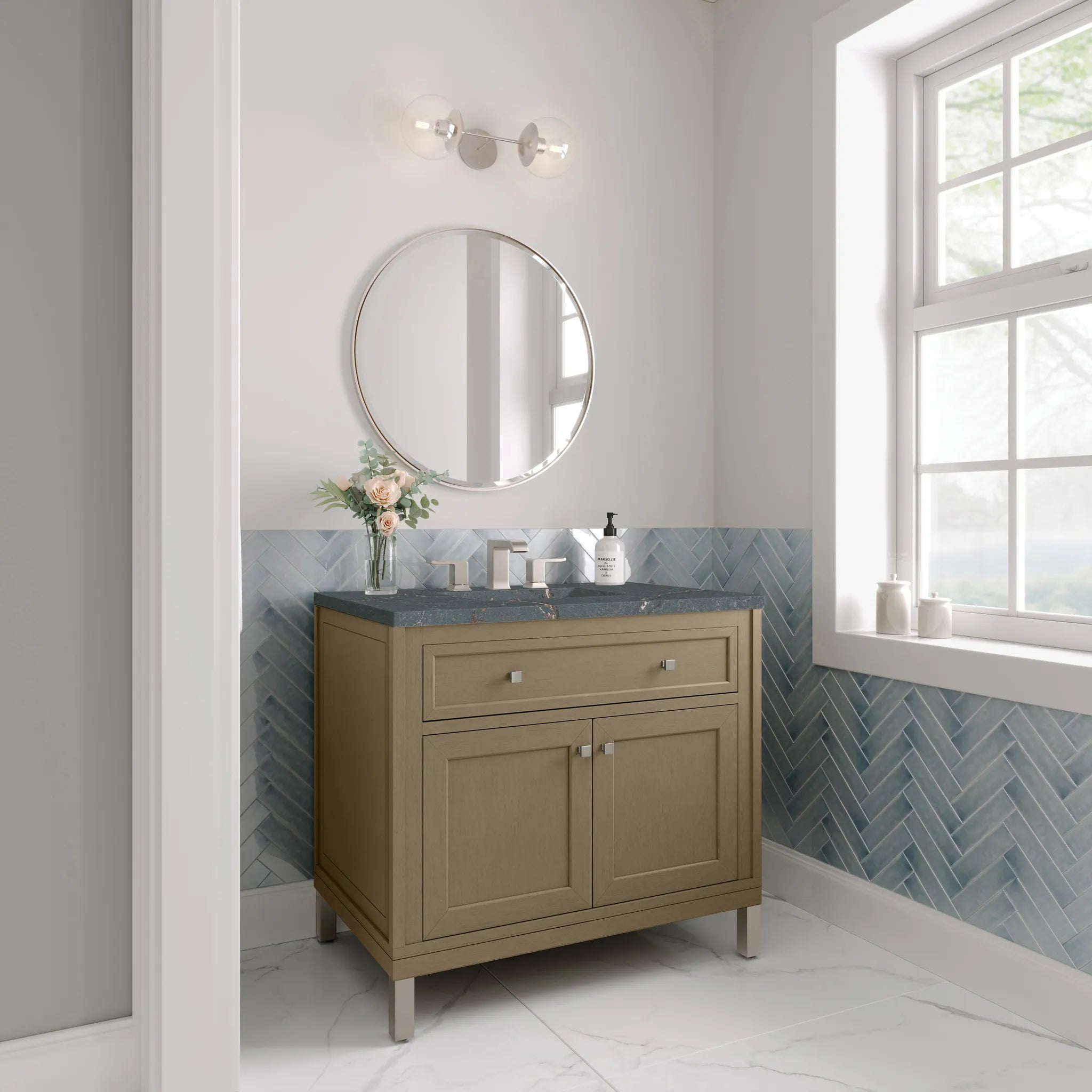 36" Chicago Single Vanity in Walnut Whisper-Parisien Bleu Silestone-8" Widespread image 4