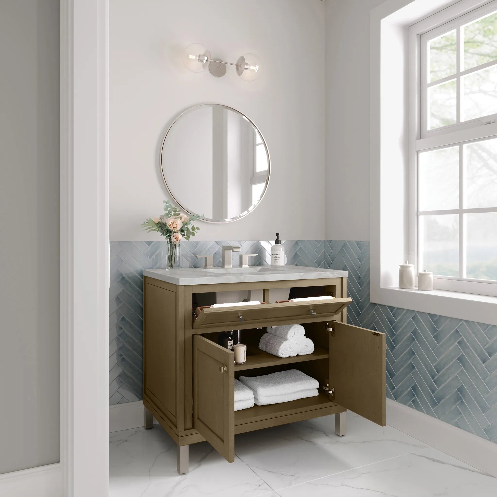 36" Chicago Single Vanity in Walnut Whisper-Victorian Silver Silestone-8" Widespread image 6