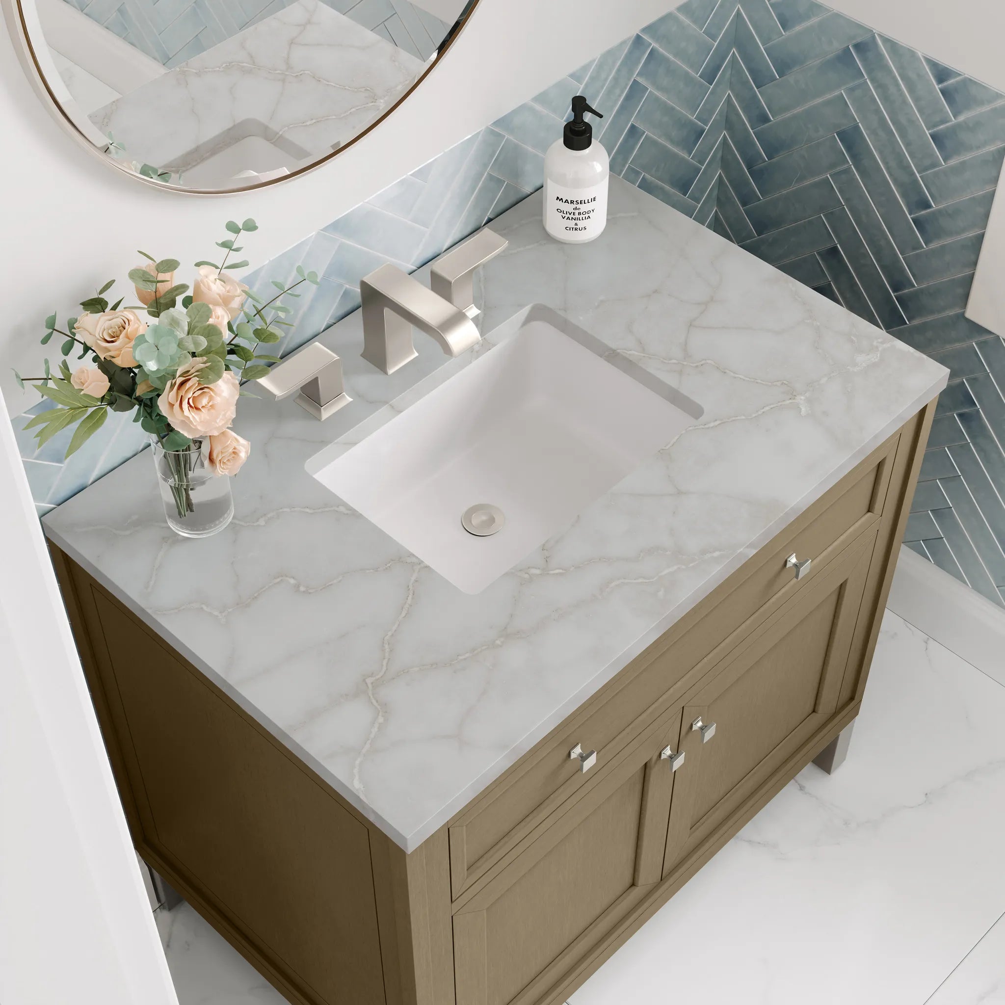 36" Chicago Single Vanity in Walnut Whisper-Victorian Silver Silestone-8" Widespread image 8