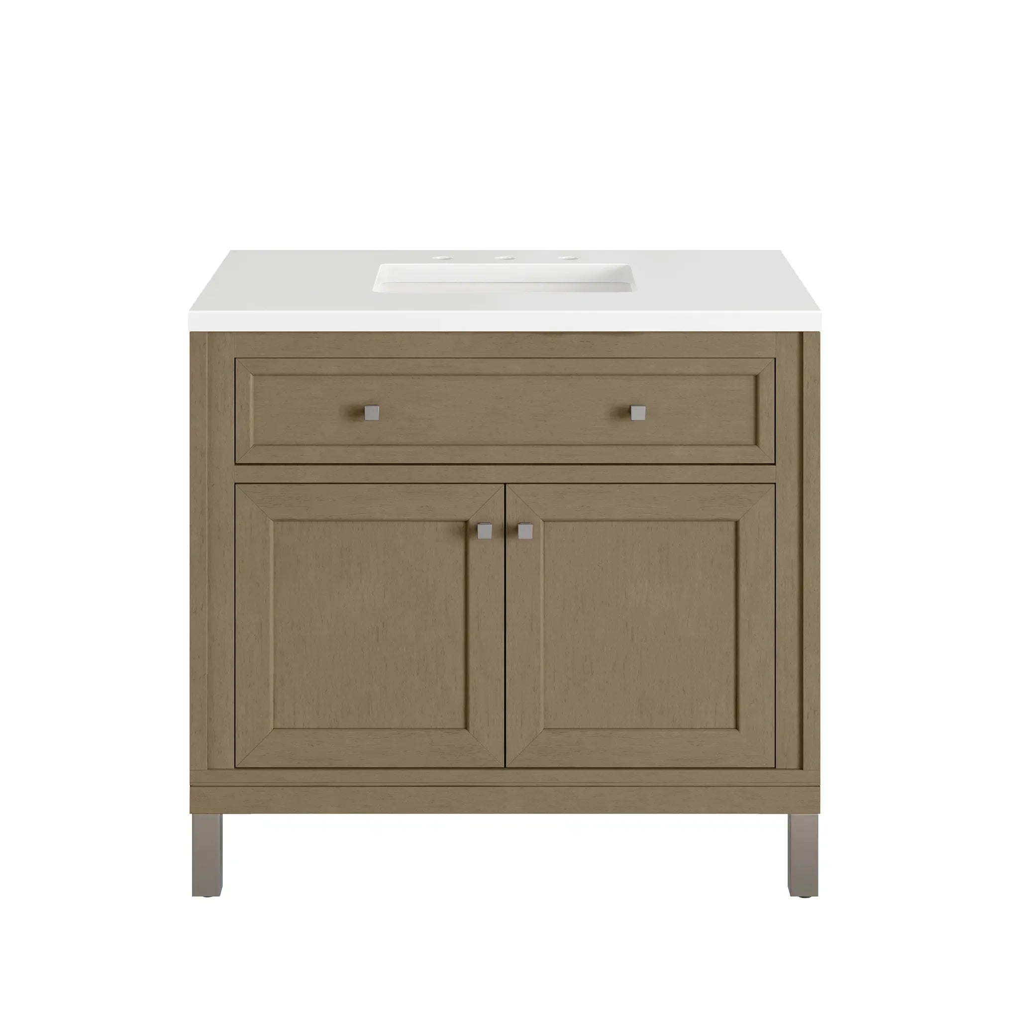 36" Chicago Single Vanity in Walnut Whisper-White Zeus Silestone-8" Widespread image 1