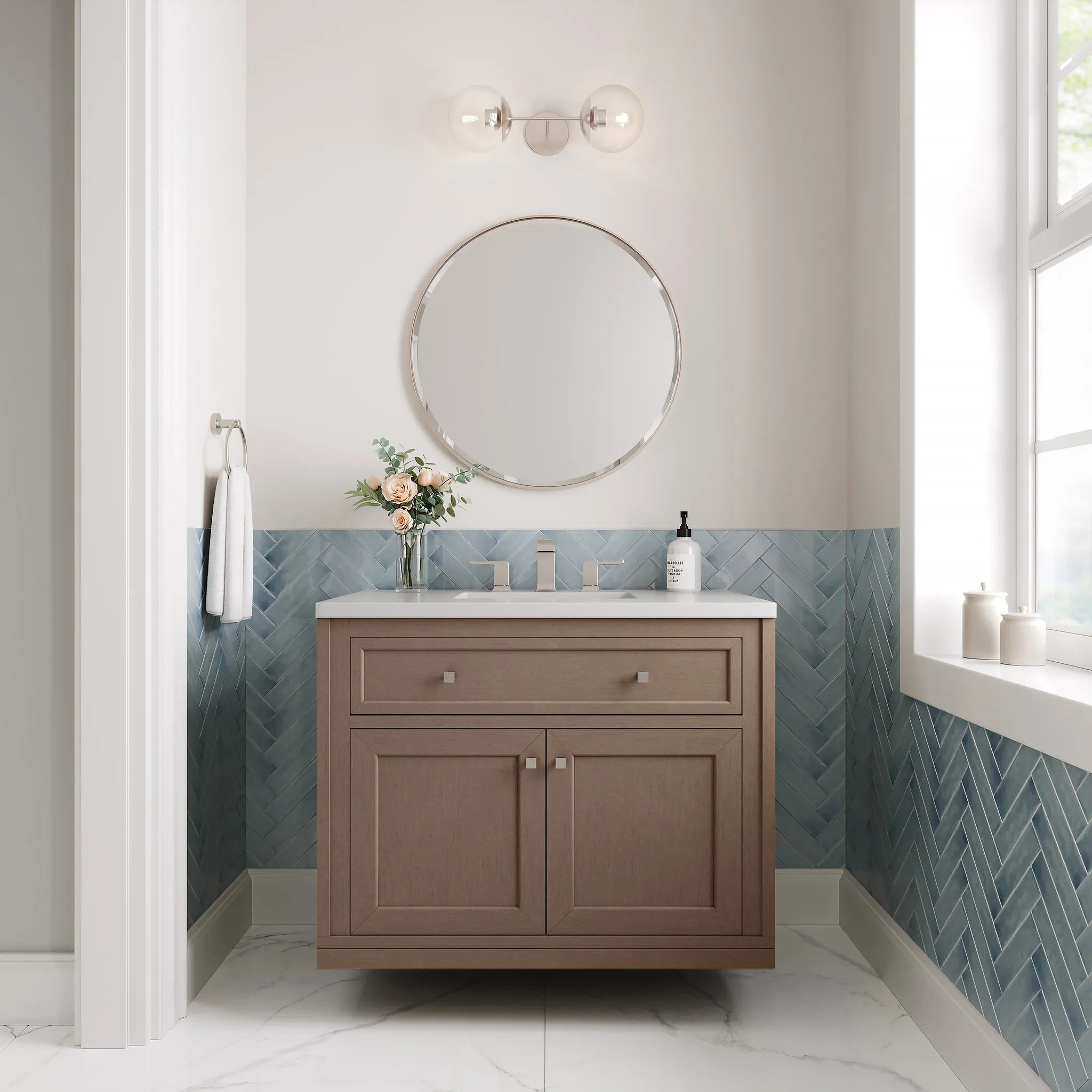 36" Chicago Single Vanity in Walnut Whisper-White Zeus Silestone-8" Widespread image 5