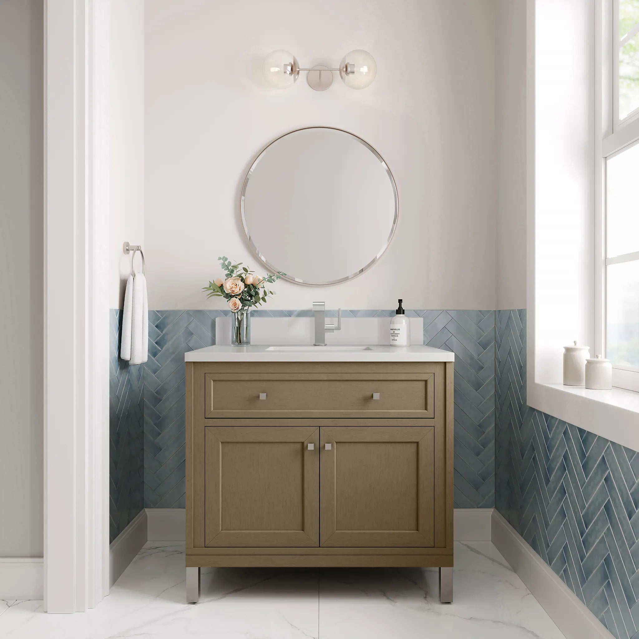 36" Chicago Single Vanity in Walnut Whisper-White Zeus Silestone & Backsplash-Single Hole image 1