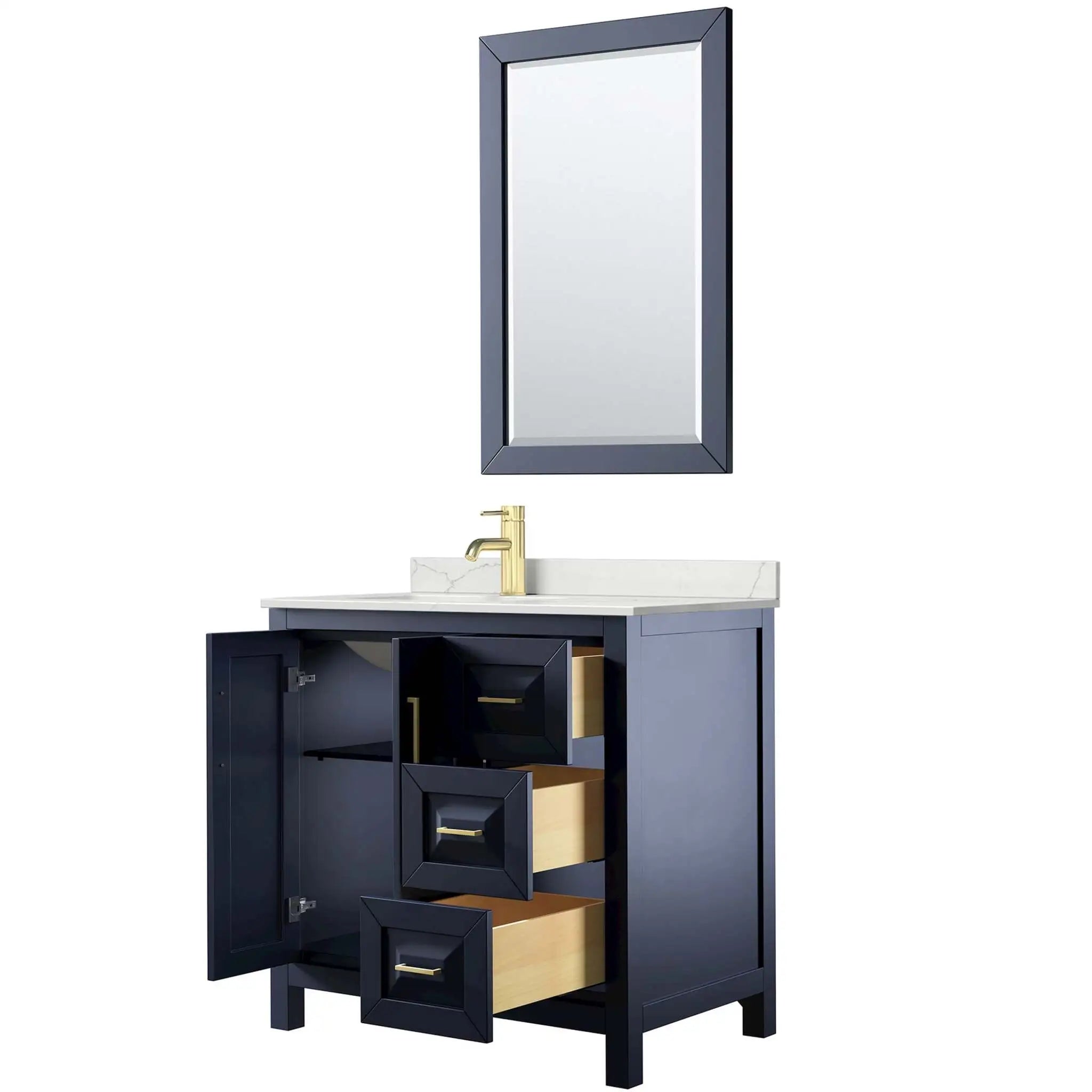 36" Daria Single Bathroom Vanity in Dark Blue with Brushed Gold Trim & 24" Mirror by Wyndham