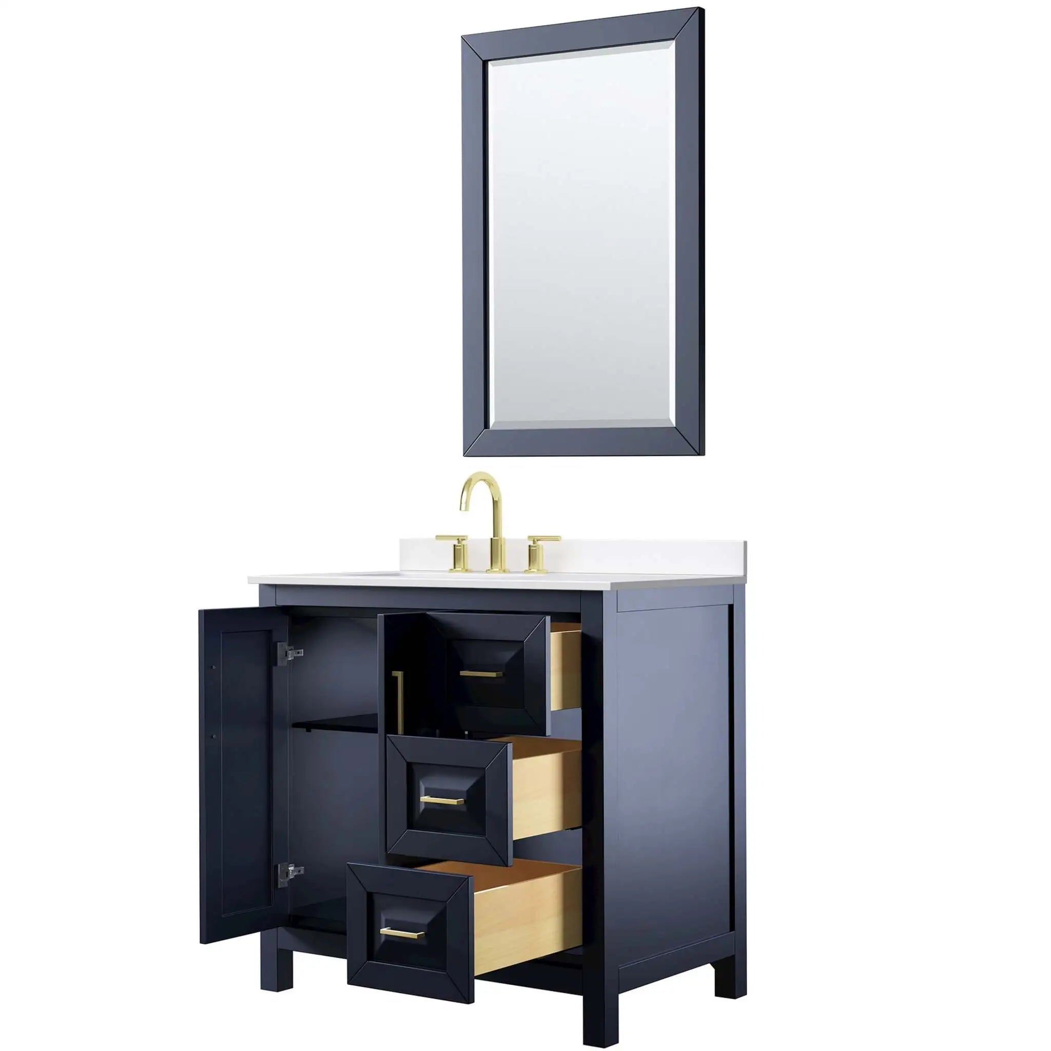 36" Daria Single Bathroom Vanity in Dark Blue with Brushed Gold Trim & 24" Mirror by Wyndham