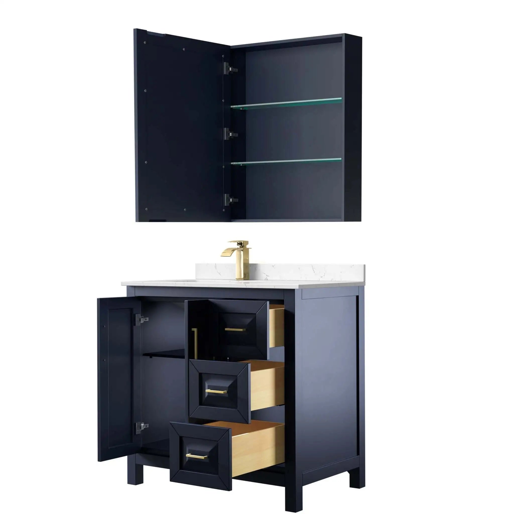 36" Daria Single Bathroom Vanity in Dark Blue with Brushed Gold Trim & Medicine Cabinet by Wyndham