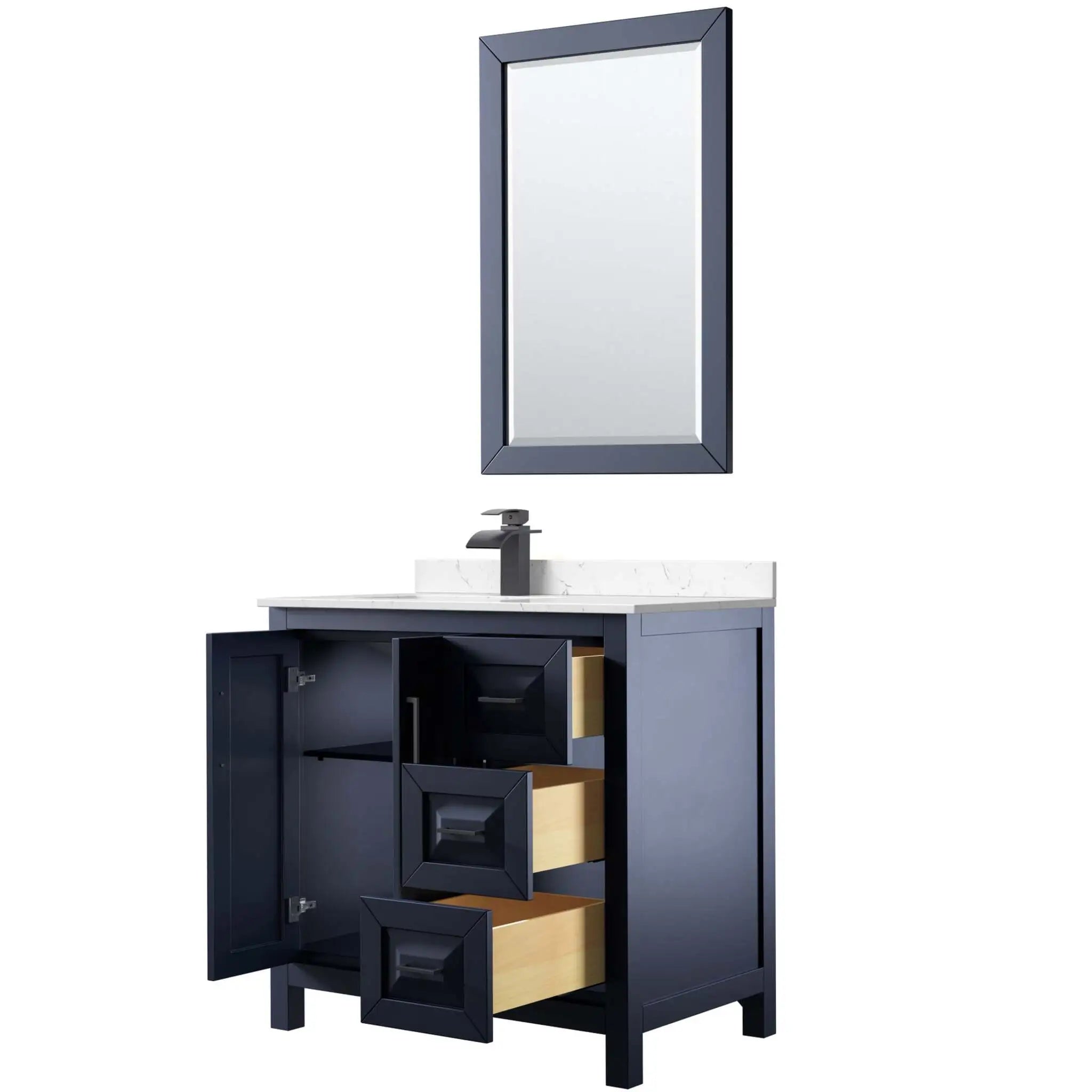 36" Daria Single Bathroom Vanity in Dark Blue with Matte Black Trim & 24" Mirror by Wyndham