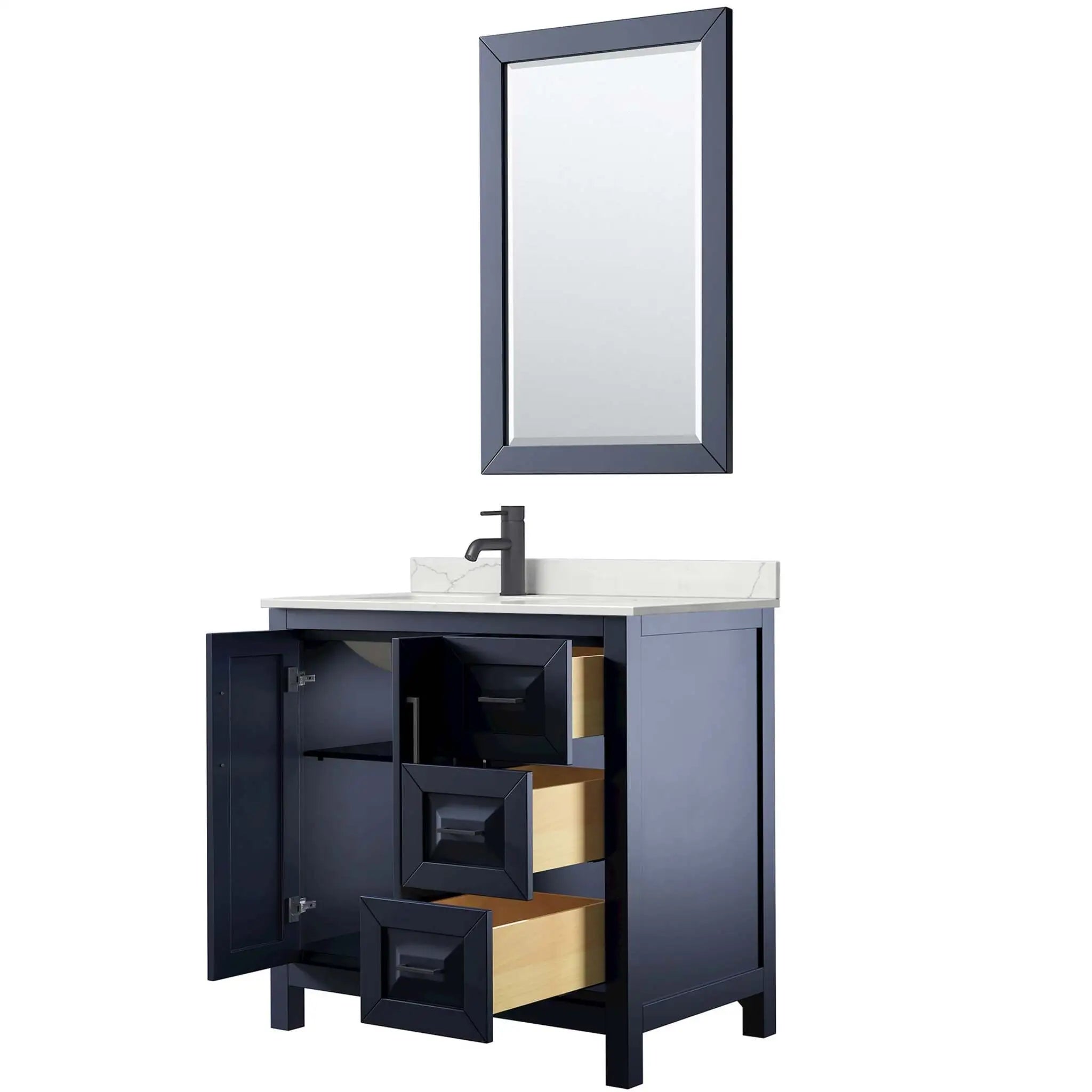 36" Daria Single Bathroom Vanity in Dark Blue with Matte Black Trim & 24" Mirror by Wyndham