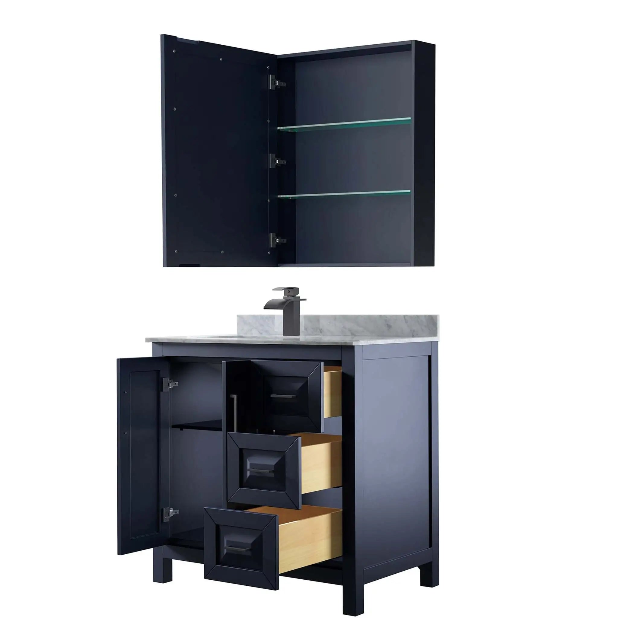 36" Daria Single Bathroom Vanity in Dark Blue with Matte Black Trim & Medicine Cabinet by Wyndham