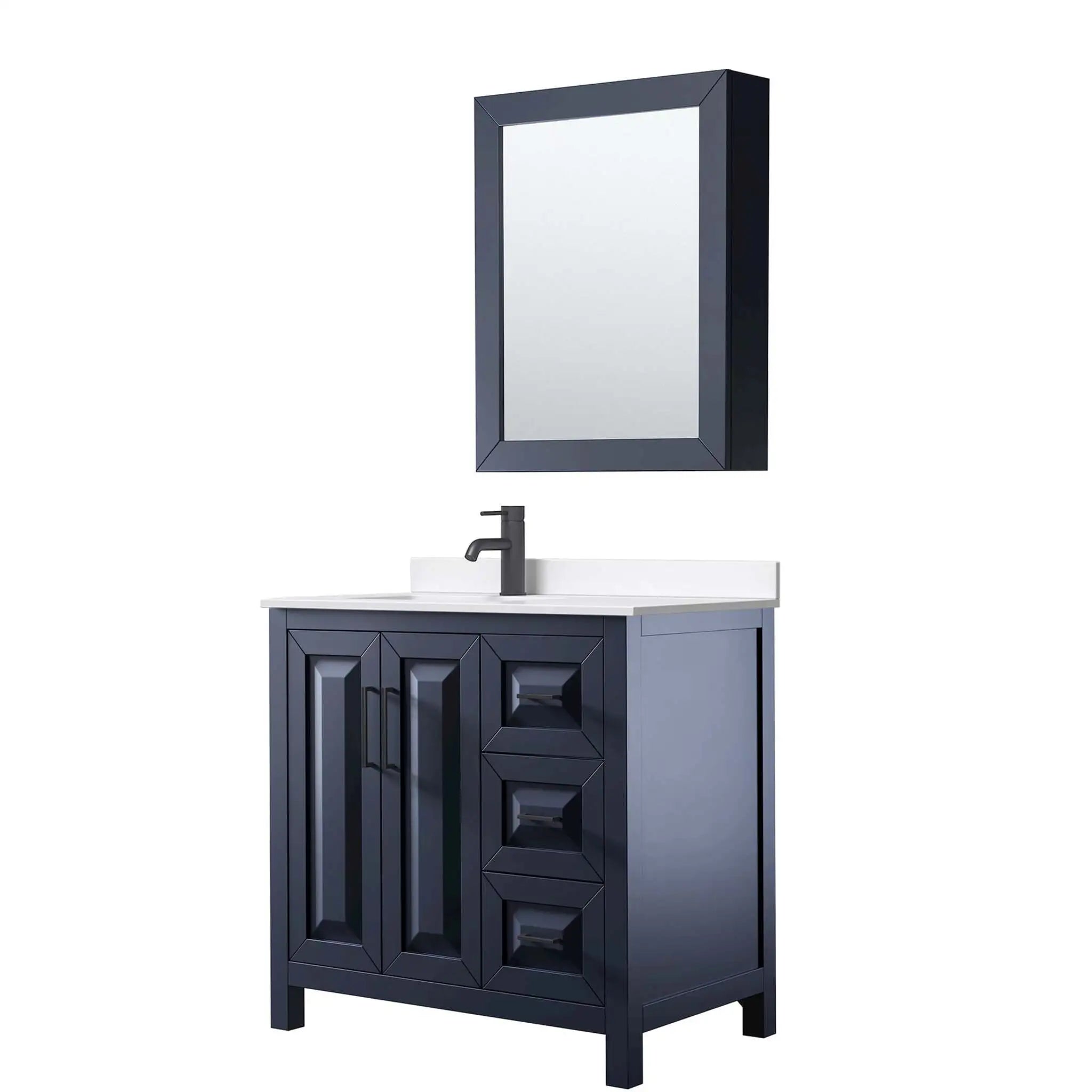 36" Daria Single Bathroom Vanity in Dark Blue with Matte Black Trim & Medicine Cabinet by Wyndham