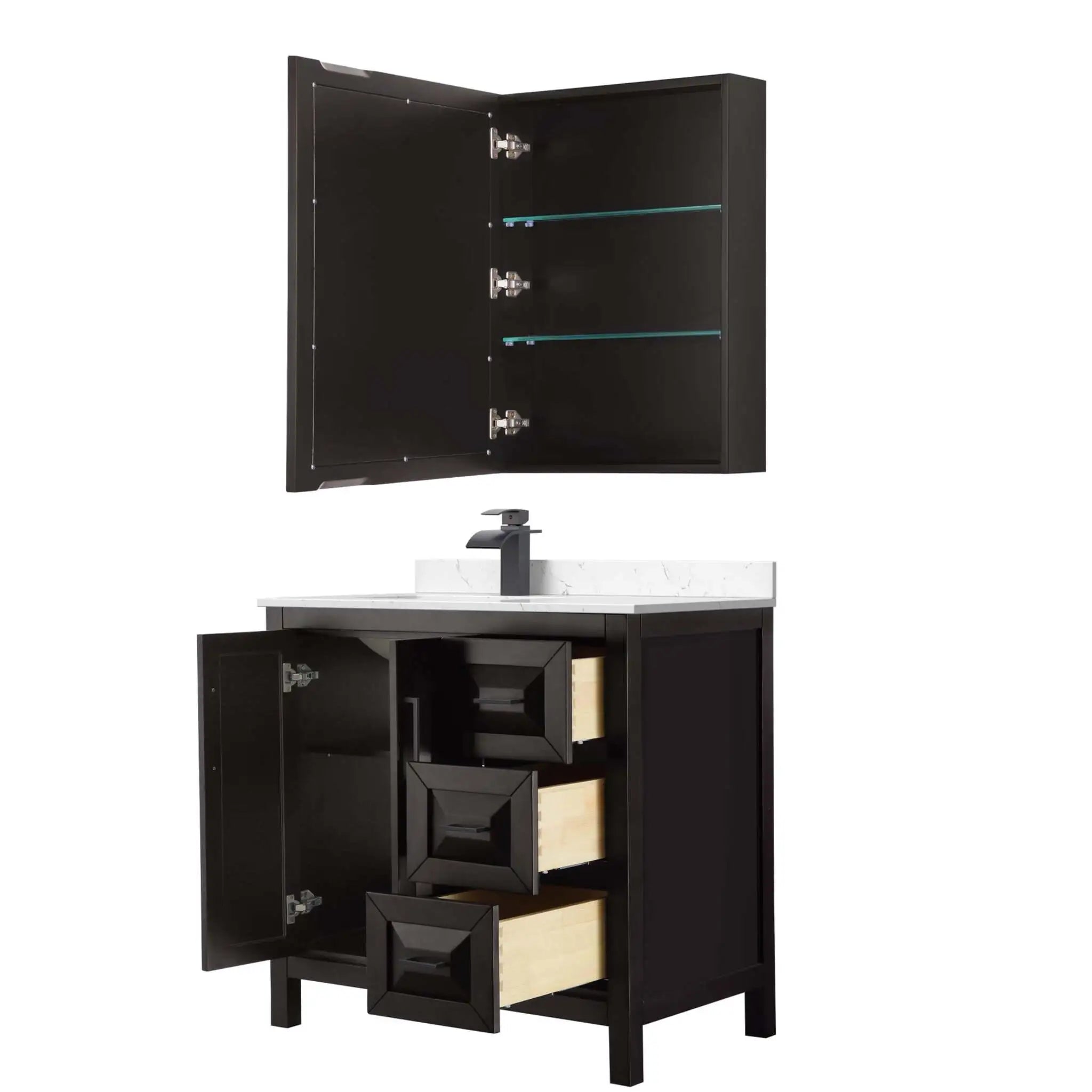 36" Daria Single Bathroom Vanity in Dark Espresso with Matte Black Trim & Medicine Cabinet by Wyndham