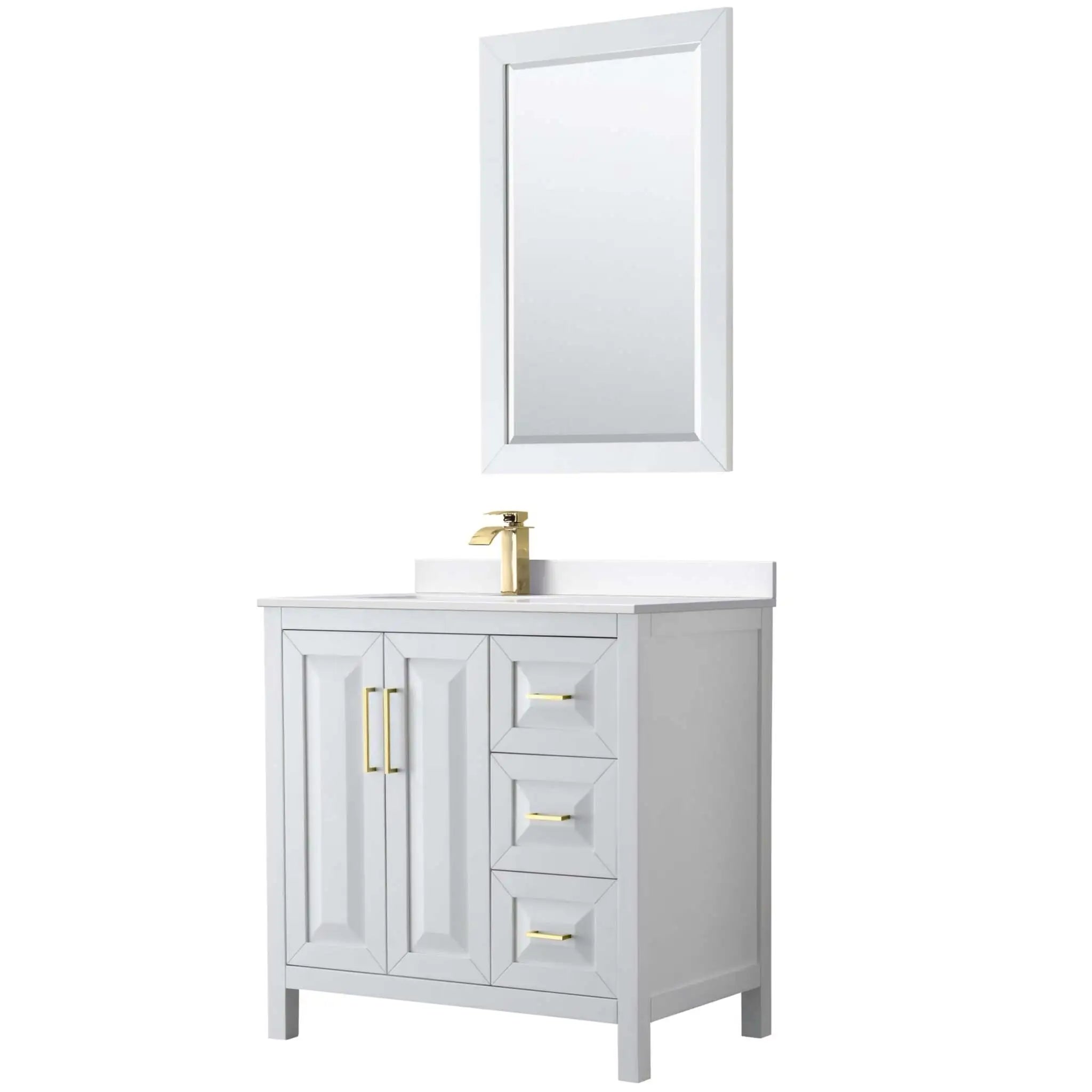 36" Daria Single Bathroom Vanity in White with Brushed Gold Trim & 24" Mirror by Wyndham