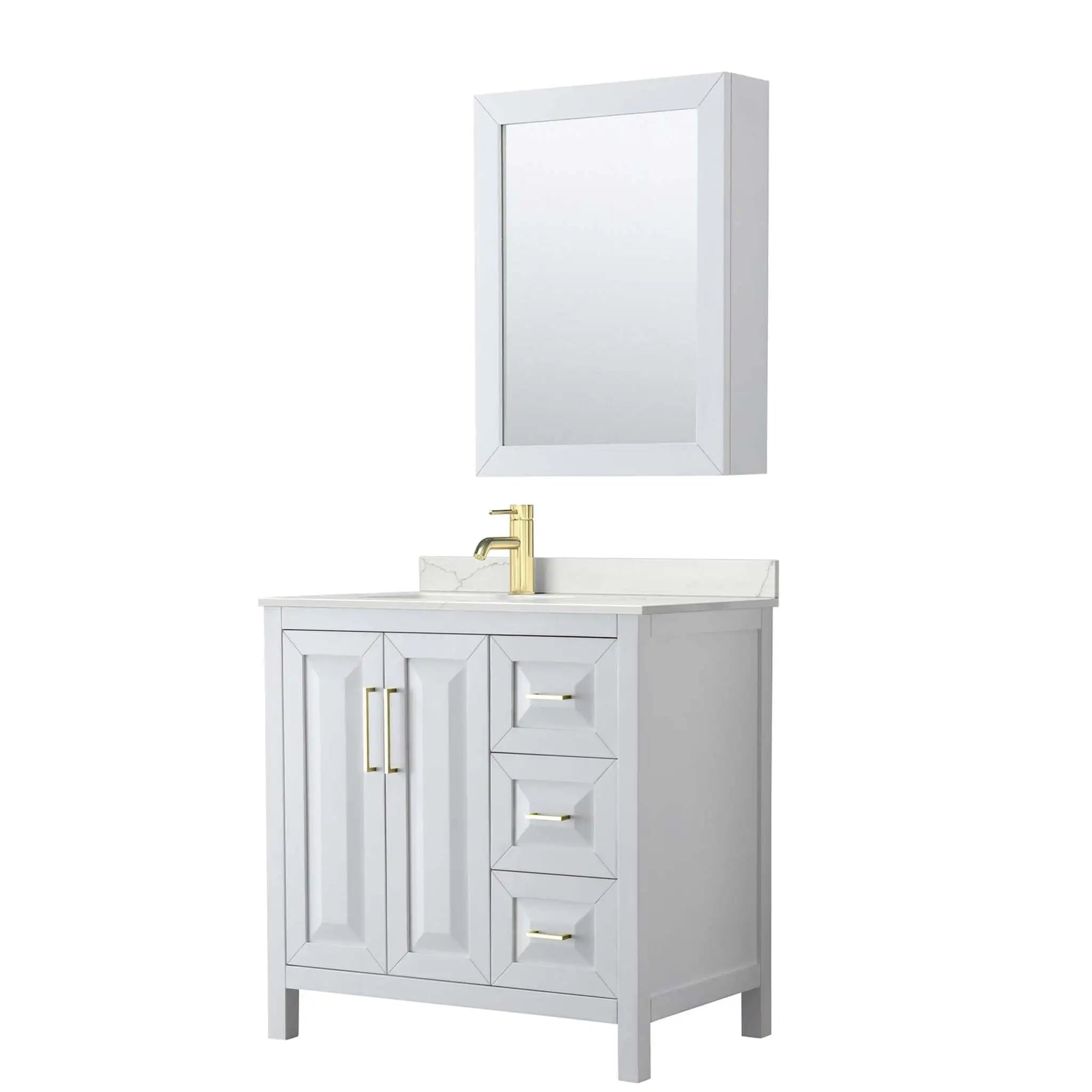 36" Daria Single Bathroom Vanity in White with Brushed Gold Trim & Medicine Cabinet by Wyndham