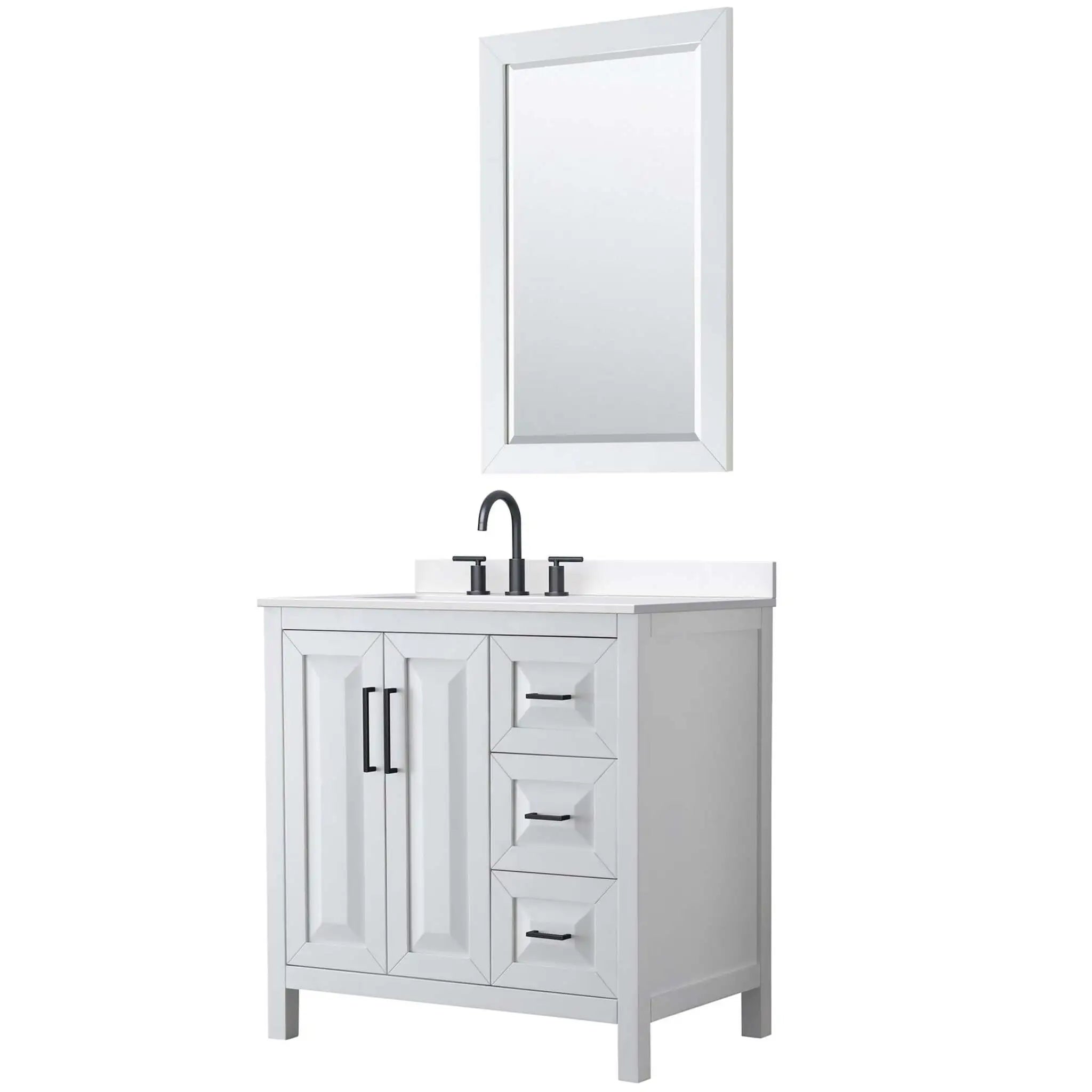 36" Daria Single Bathroom Vanity in White with Matte Black Trim & 24" Mirror by Wyndham