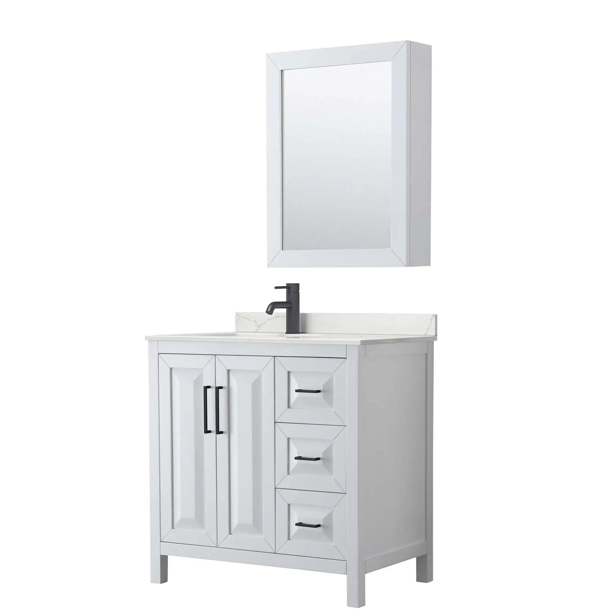 36" Daria Single Bathroom Vanity in White with Matte Black Trim & Medicine Cabinet by Wyndham
