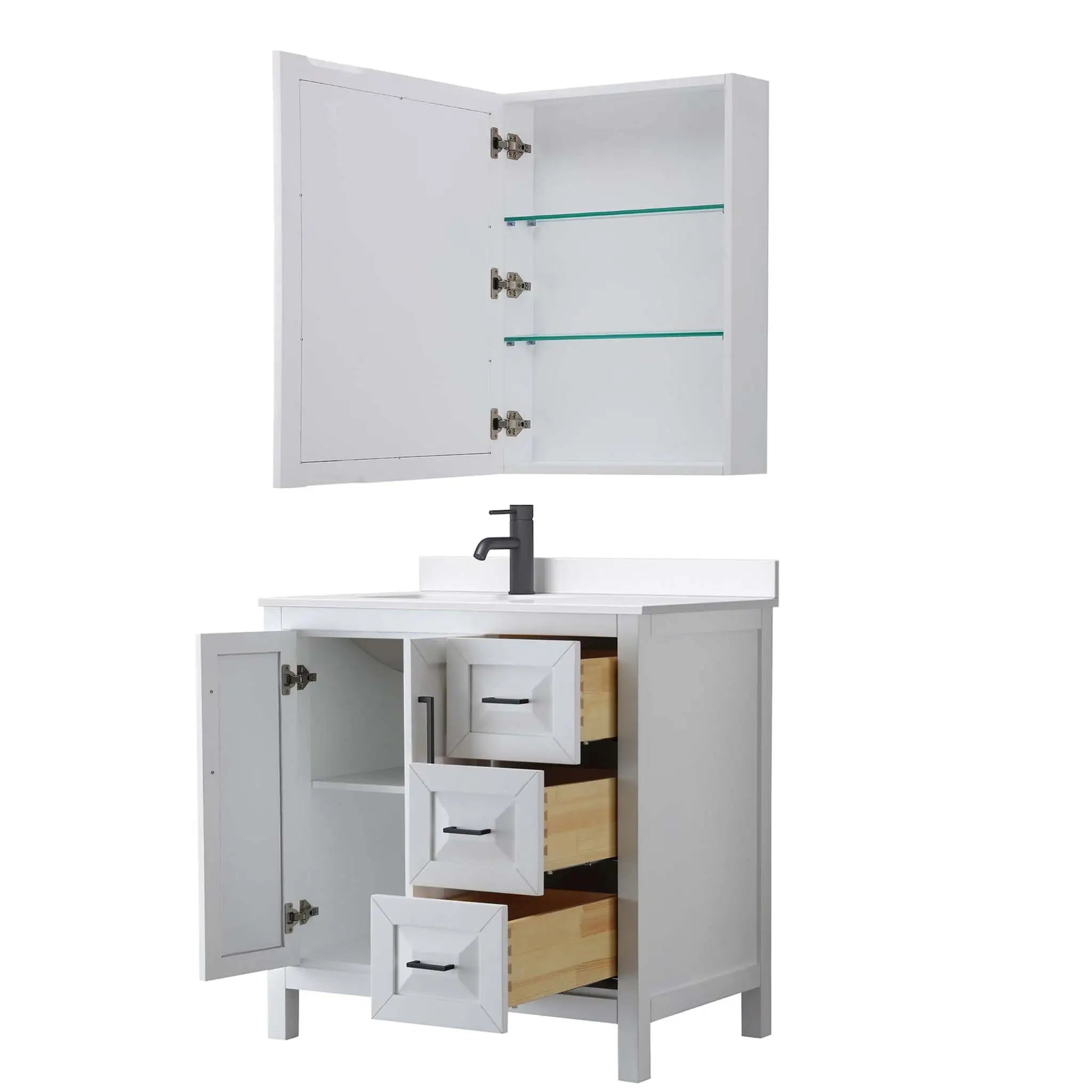 36" Daria Single Bathroom Vanity in White with Matte Black Trim & Medicine Cabinet by Wyndham