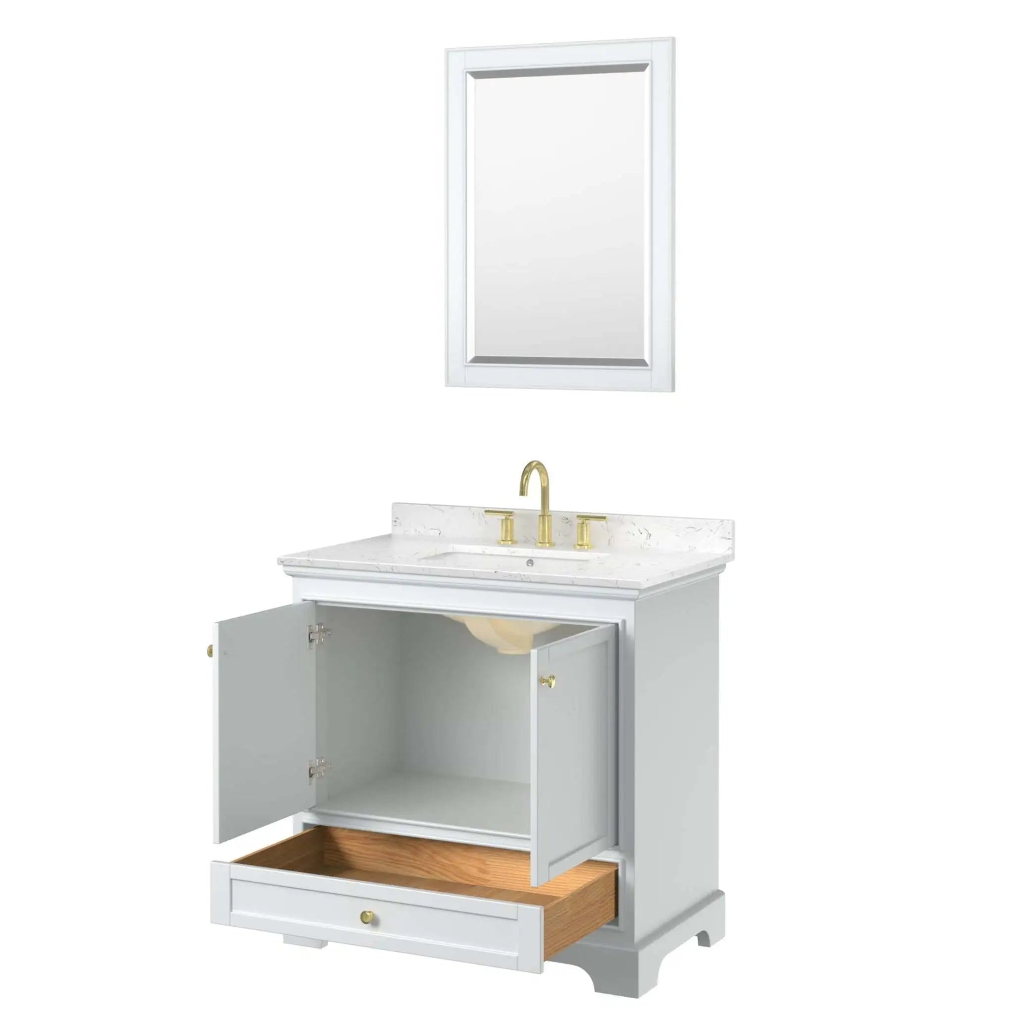 36" Deborah Single Bathroom Vanity in White with Brushed Gold Trim & 24" Mirror by Wyndham