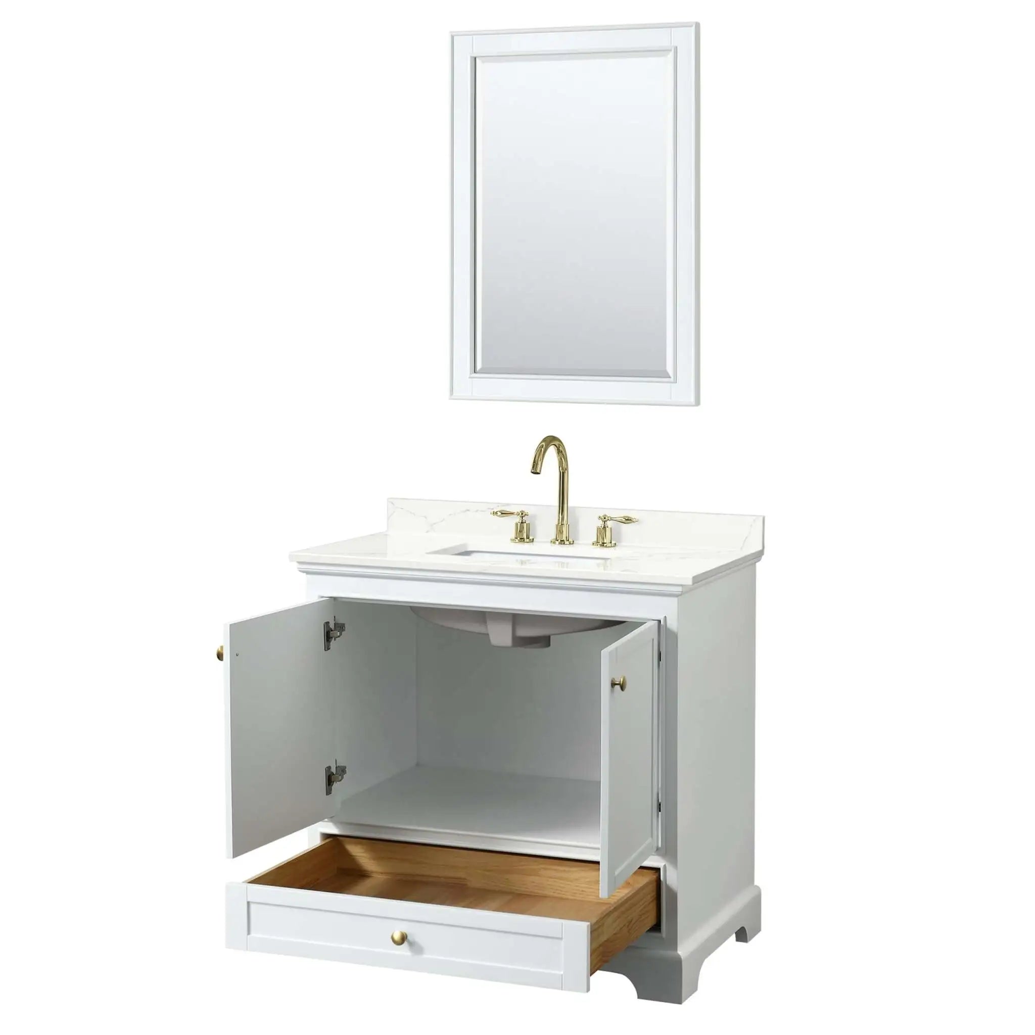 36" Deborah Single Bathroom Vanity in White with Brushed Gold Trim & 24" Mirror by Wyndham
