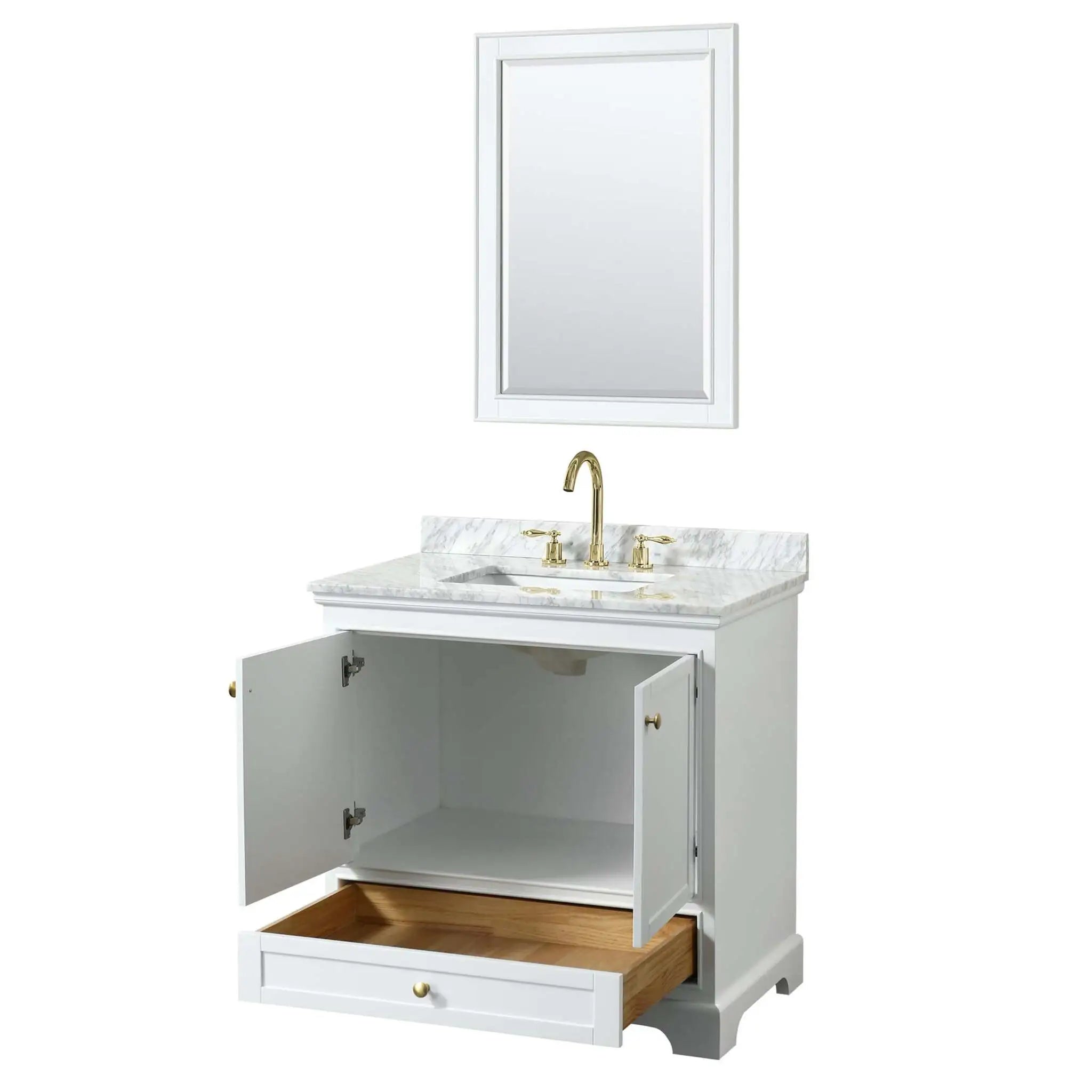 36" Deborah Single Bathroom Vanity in White with Brushed Gold Trim & 24" Mirror by Wyndham