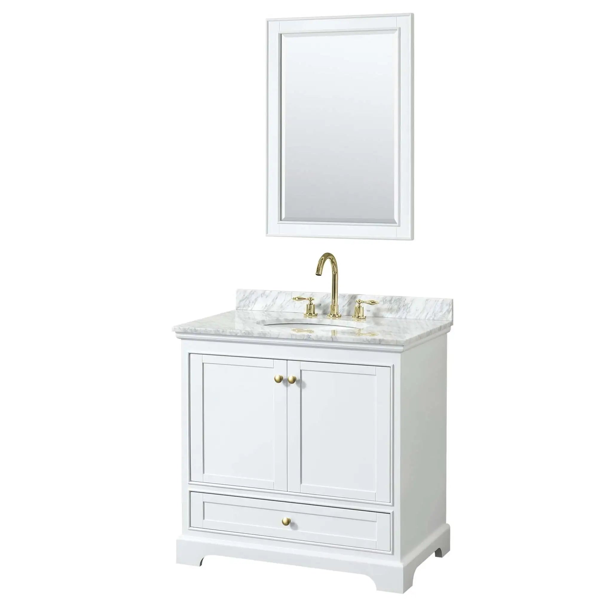 36" Deborah Single Bathroom Vanity in White with Brushed Gold Trim & 24" Mirror by Wyndham