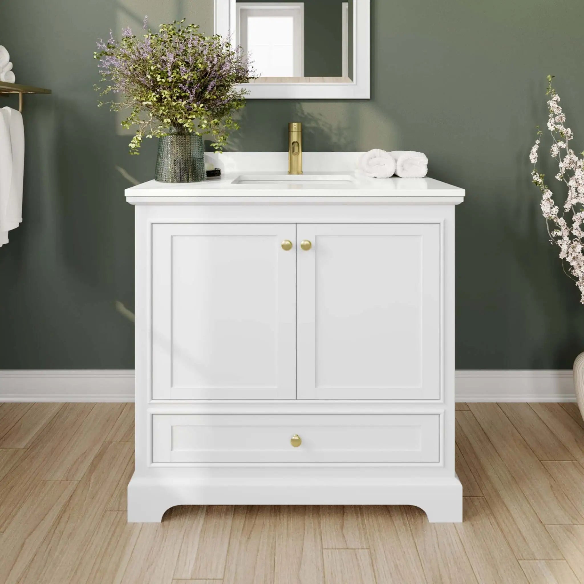 36" Deborah Single Bathroom Vanity in White with Brushed Gold Trim & 24" Mirror by Wyndham
