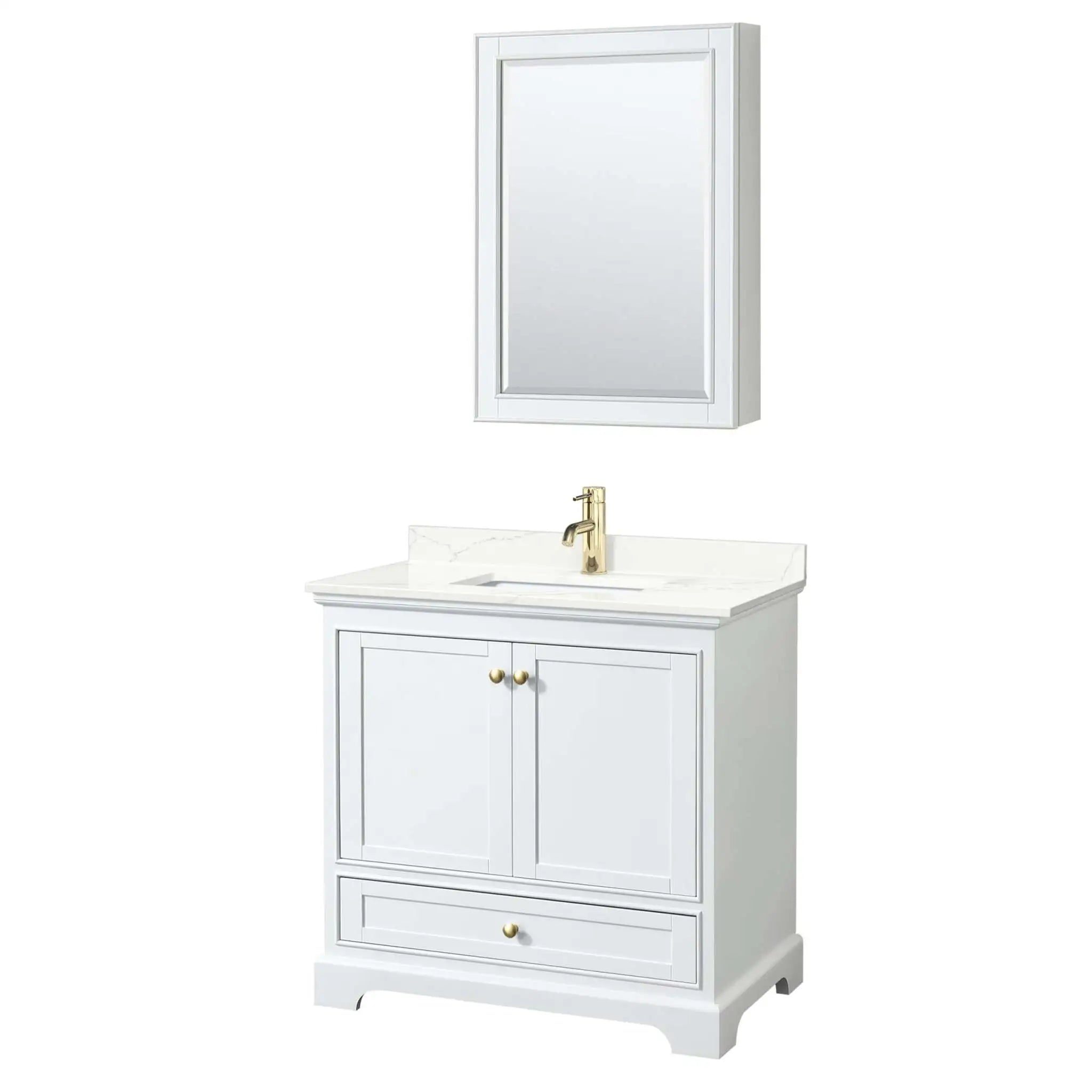 36" Deborah Single Bathroom Vanity in White with Brushed Gold Trim & Medicine Cabinet by Wyndham