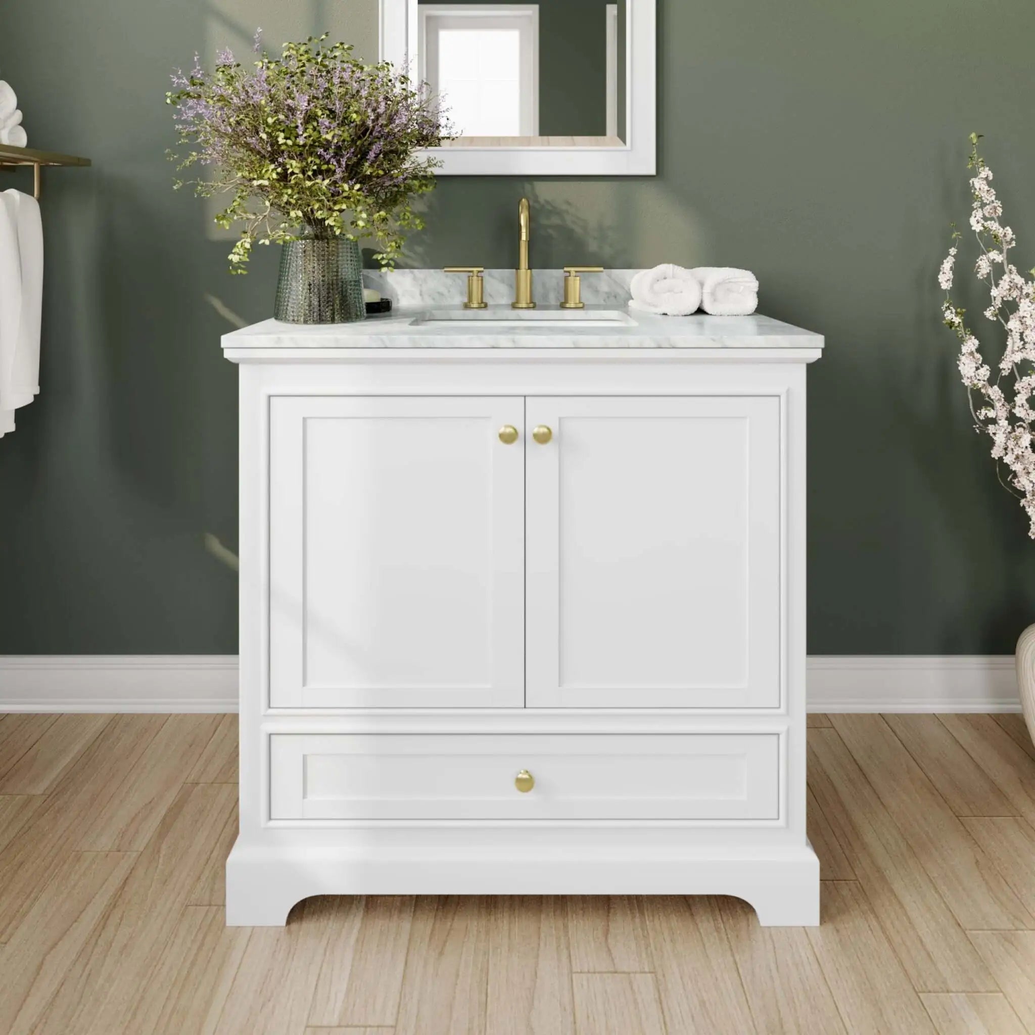 36" Deborah Single Bathroom Vanity in White with Brushed Gold Trim & Medicine Cabinet by Wyndham