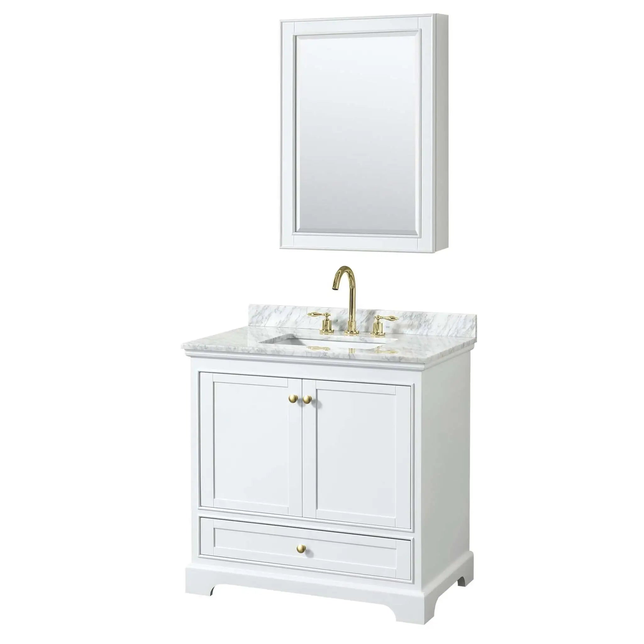 36" Deborah Single Bathroom Vanity in White with Brushed Gold Trim & Medicine Cabinet by Wyndham