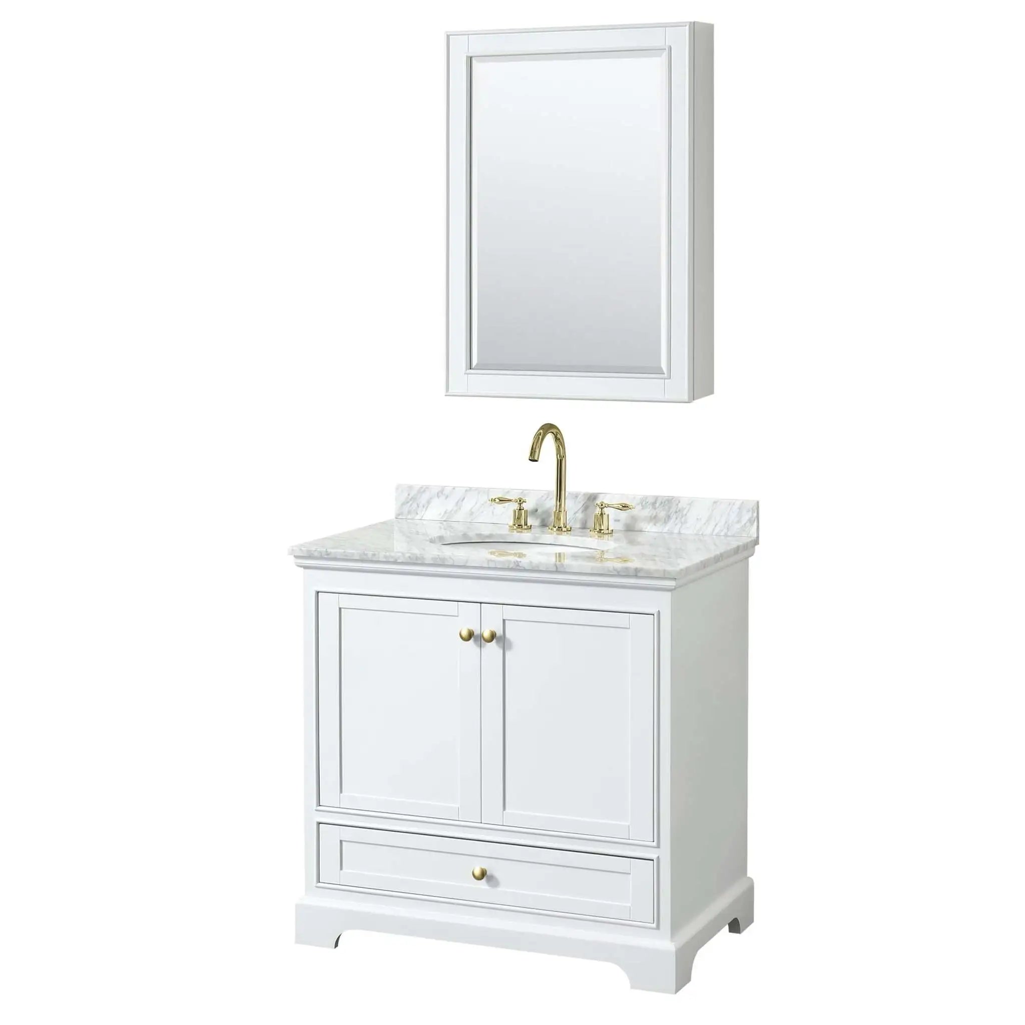 36" Deborah Single Bathroom Vanity in White with Brushed Gold Trim & Medicine Cabinet by Wyndham