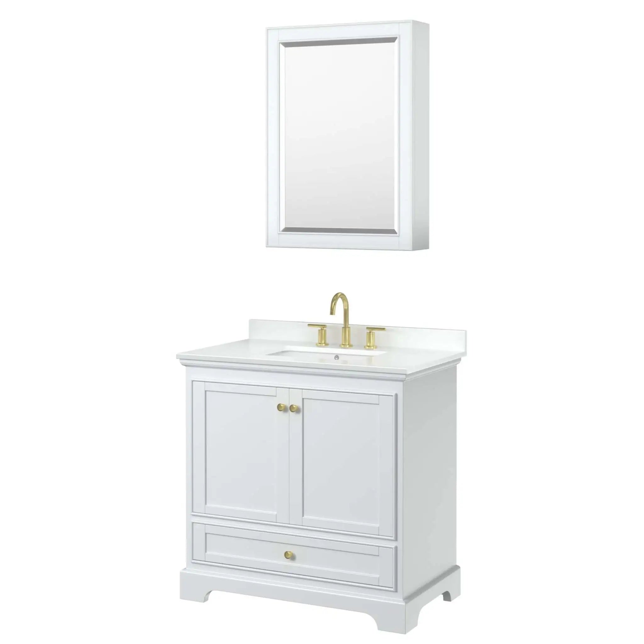 36" Deborah Single Bathroom Vanity in White with Brushed Gold Trim & Medicine Cabinet by Wyndham
