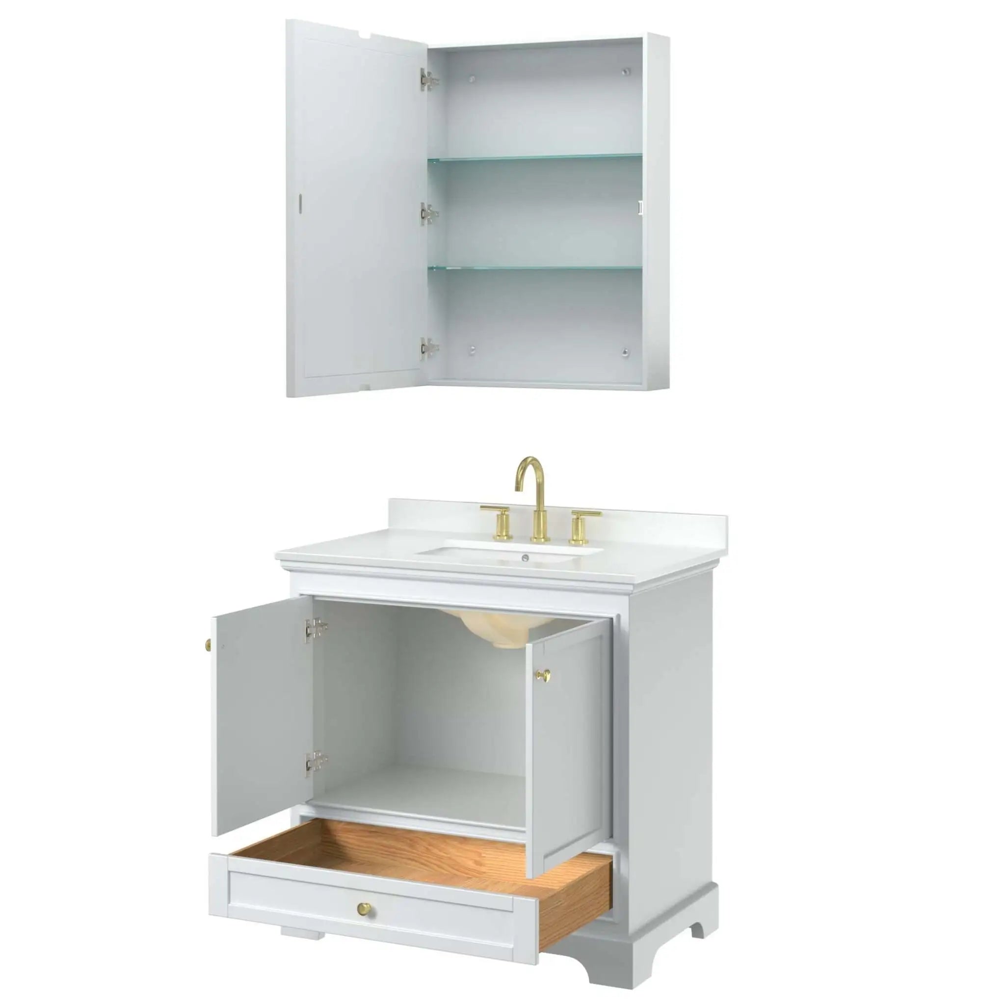 36" Deborah Single Bathroom Vanity in White with Brushed Gold Trim & Medicine Cabinet by Wyndham