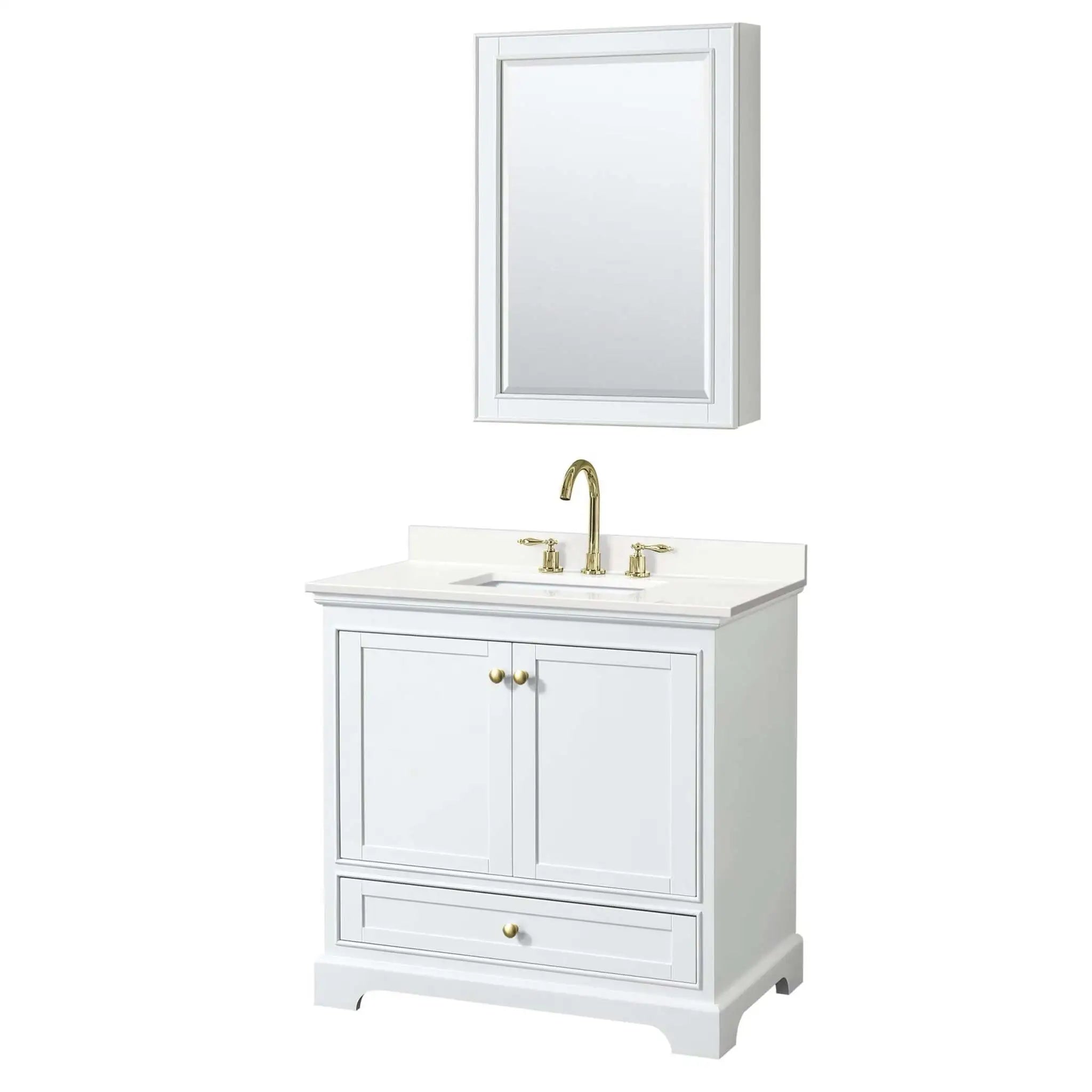 36" Deborah Single Bathroom Vanity in White with Brushed Gold Trim & Medicine Cabinet by Wyndham