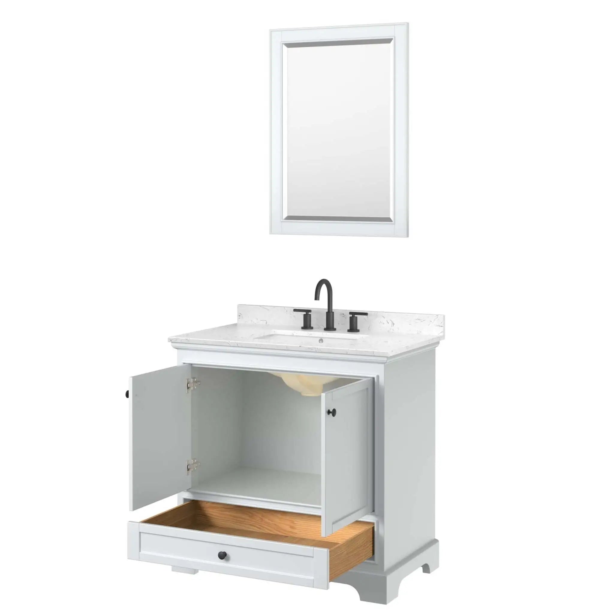 36" Deborah Single Bathroom Vanity in White with Matte Black Trim & 24" Mirror by Wyndham