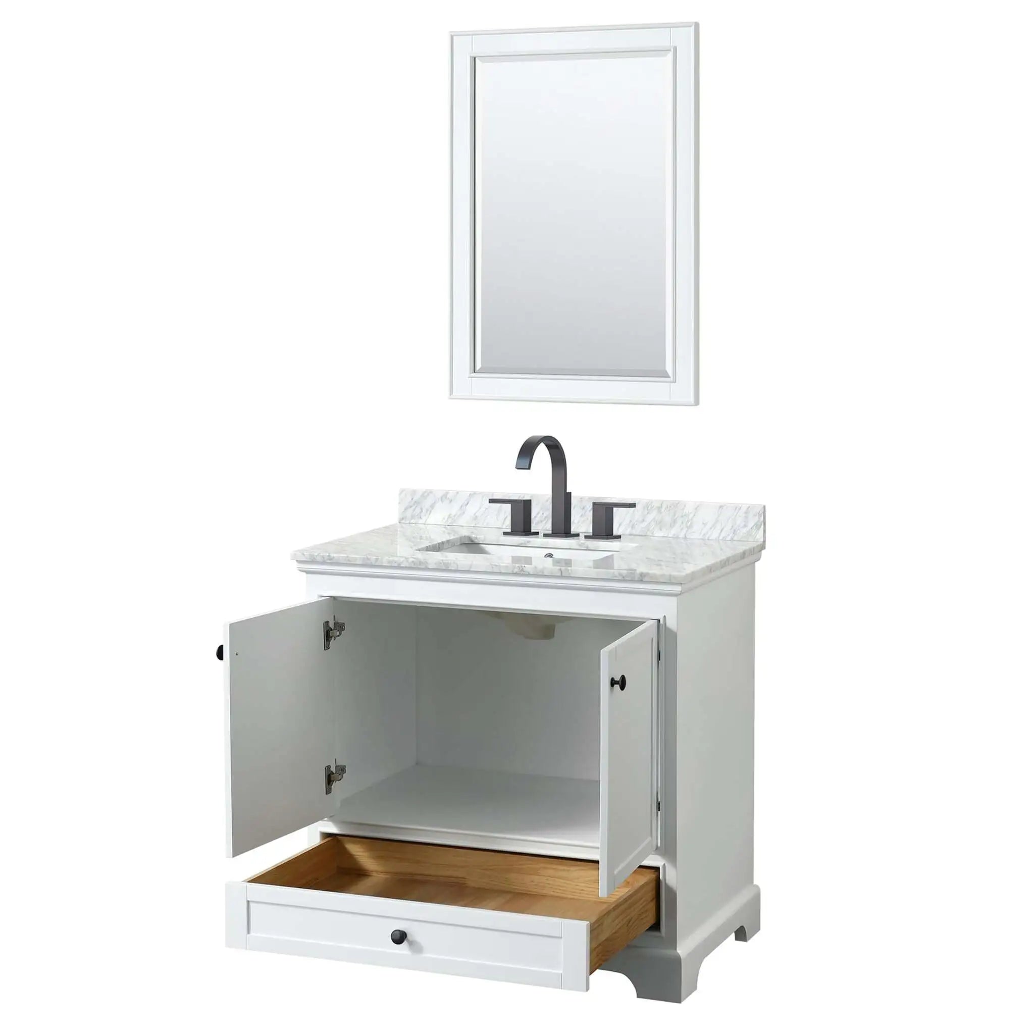 36" Deborah Single Bathroom Vanity in White with Matte Black Trim & 24" Mirror by Wyndham
