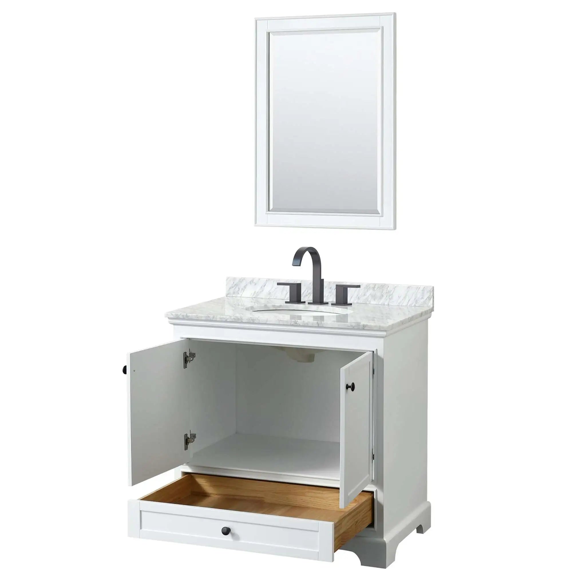 36" Deborah Single Bathroom Vanity in White with Matte Black Trim & 24" Mirror by Wyndham