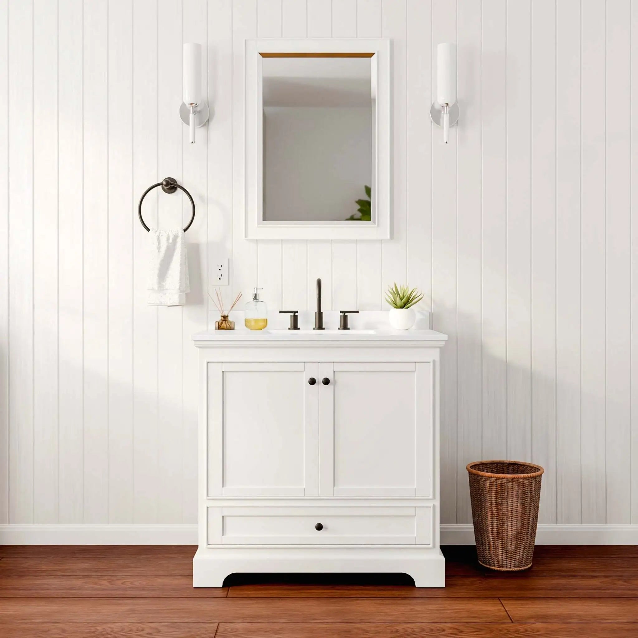 36" Deborah Single Bathroom Vanity in White with Matte Black Trim & 24" Mirror by Wyndham