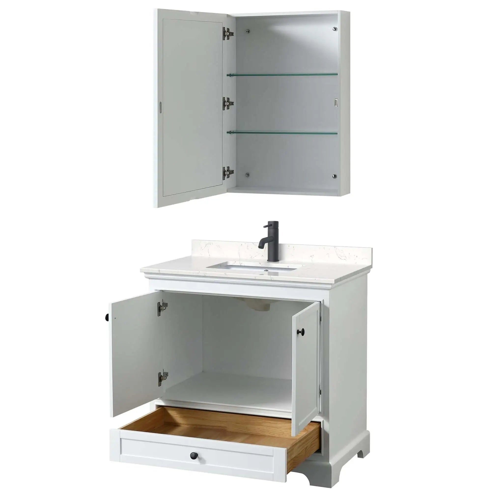 36" Deborah Single Bathroom Vanity in White with Matte Black Trim & Medicine Cabinet by Wyndham