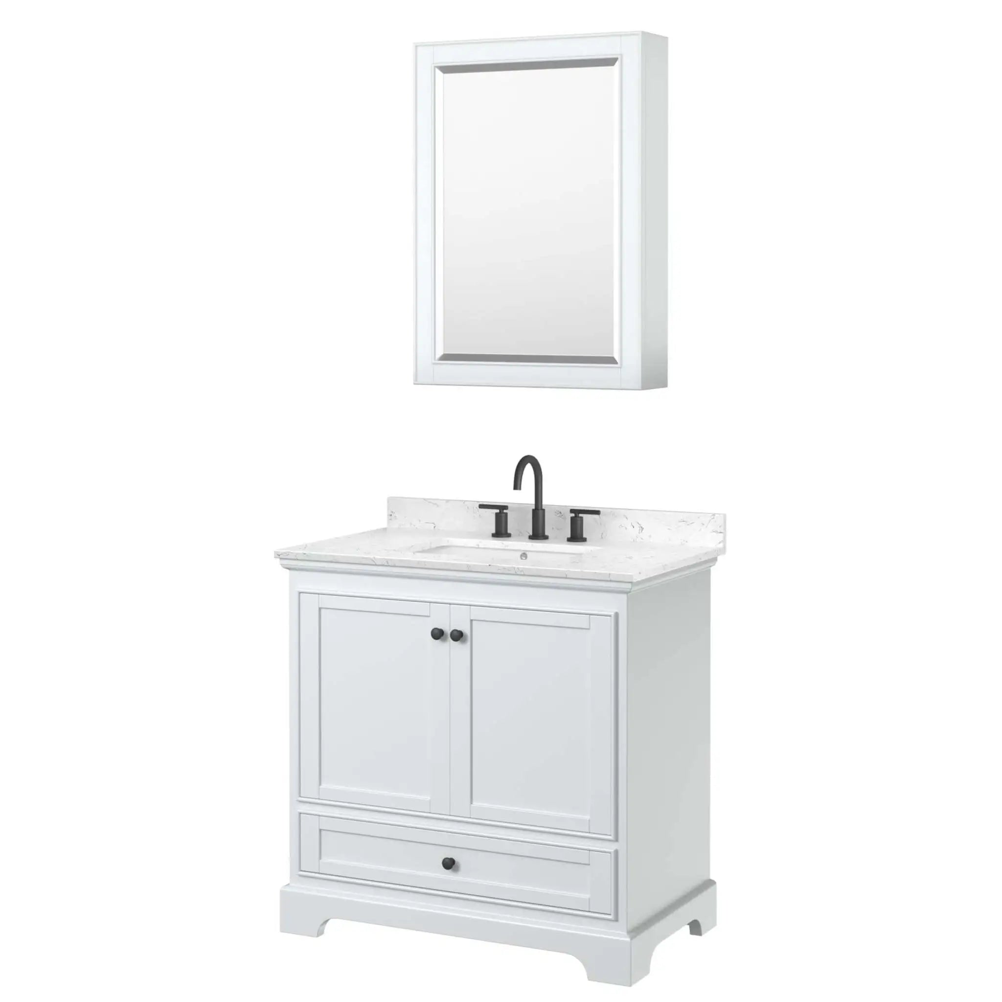36" Deborah Single Bathroom Vanity in White with Matte Black Trim & Medicine Cabinet by Wyndham