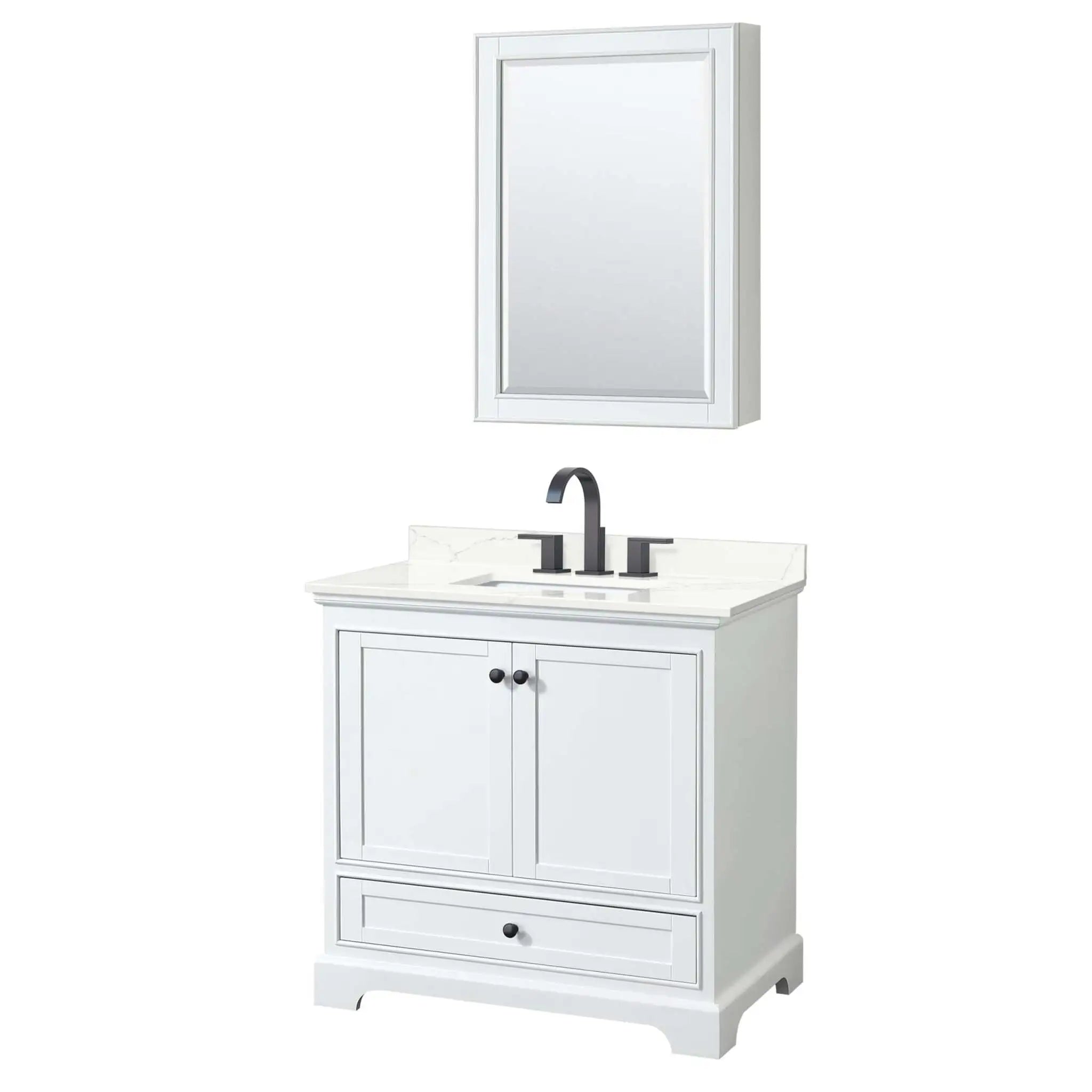 36" Deborah Single Bathroom Vanity in White with Matte Black Trim & Medicine Cabinet by Wyndham