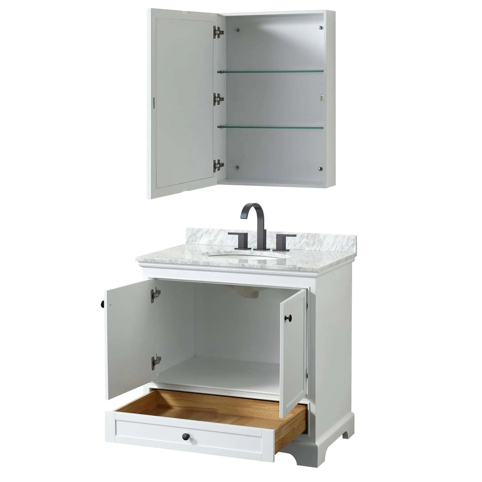 36" Deborah Single Bathroom Vanity in White with Matte Black Trim & Medicine Cabinet by Wyndham
