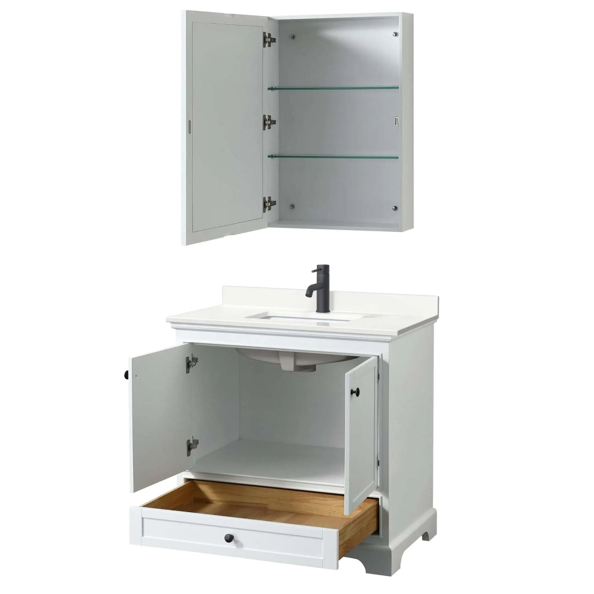 36" Deborah Single Bathroom Vanity in White with Matte Black Trim & Medicine Cabinet by Wyndham
