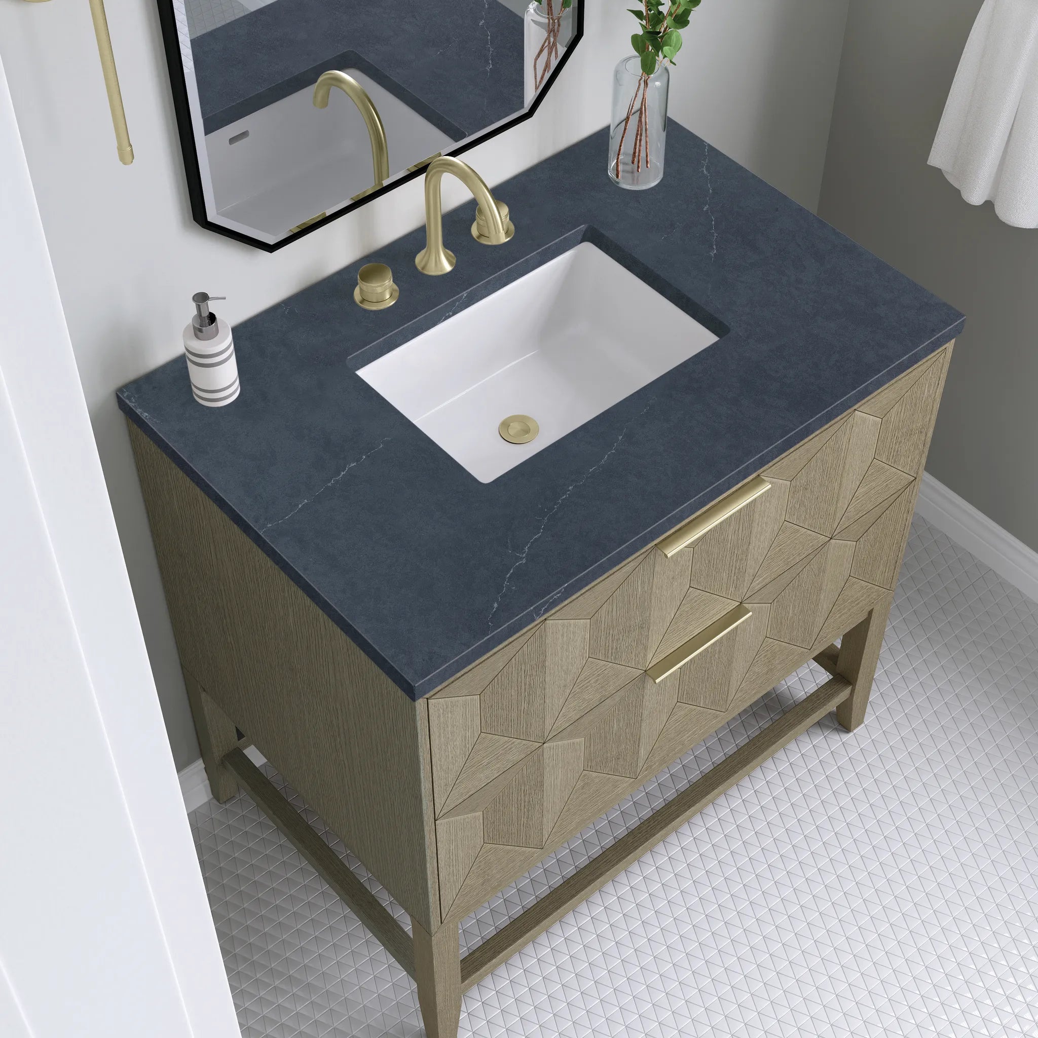 36" Emmeline Single Vanity in Pebble Oak-Charcoal Soapstone Silestone-8" Widespread image 4