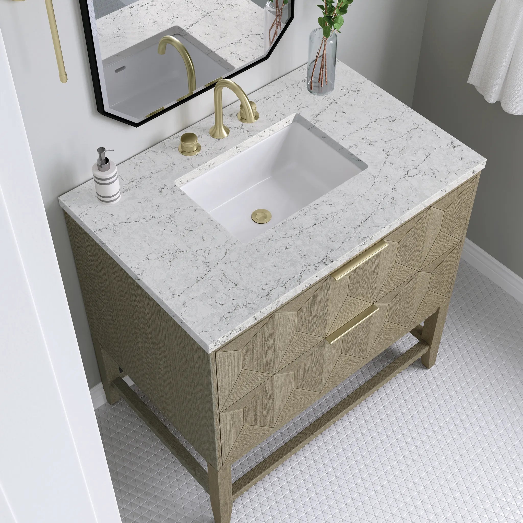 36" Emmeline Single Vanity in Pebble Oak-Eternal Jasmine Pearl Silestone-8" Widespread image 4