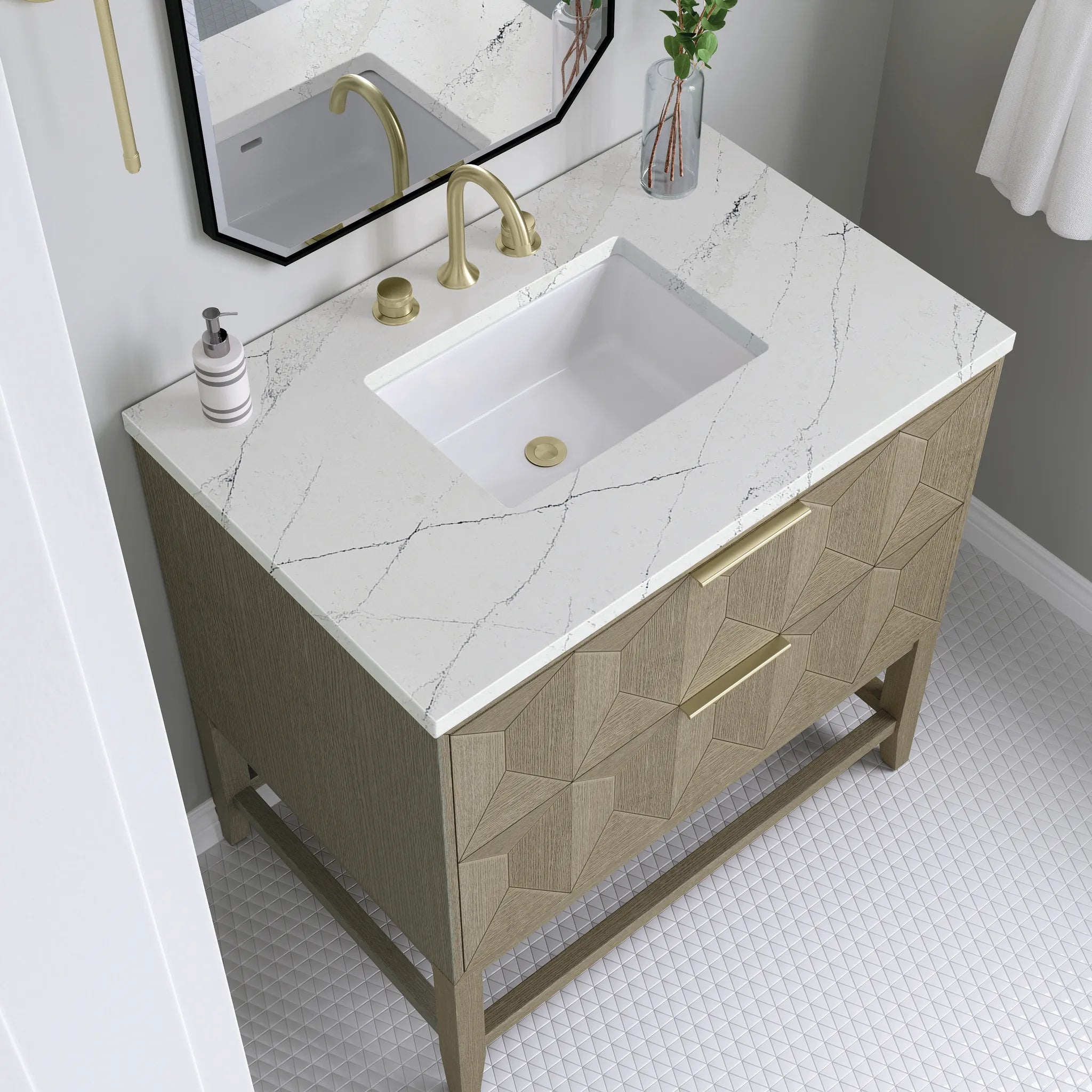 36" Emmeline Single Vanity in Pebble Oak-Ethereal Noctis Silestone-8" Widespread image 4